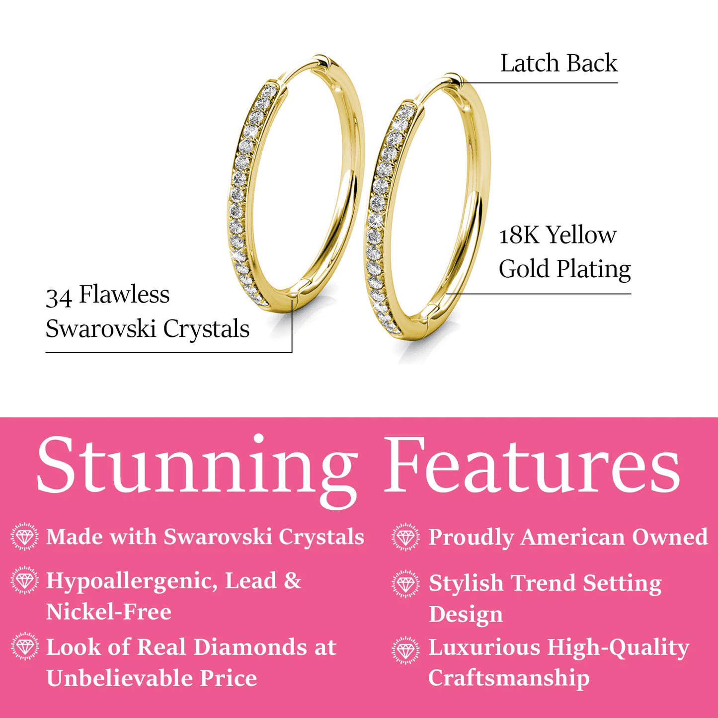 Dazzle in Elegance: Bianca 18K Yellow Gold Plated 25Mm Hoop Earrings with Sparkling Swarovski Crystals for Women