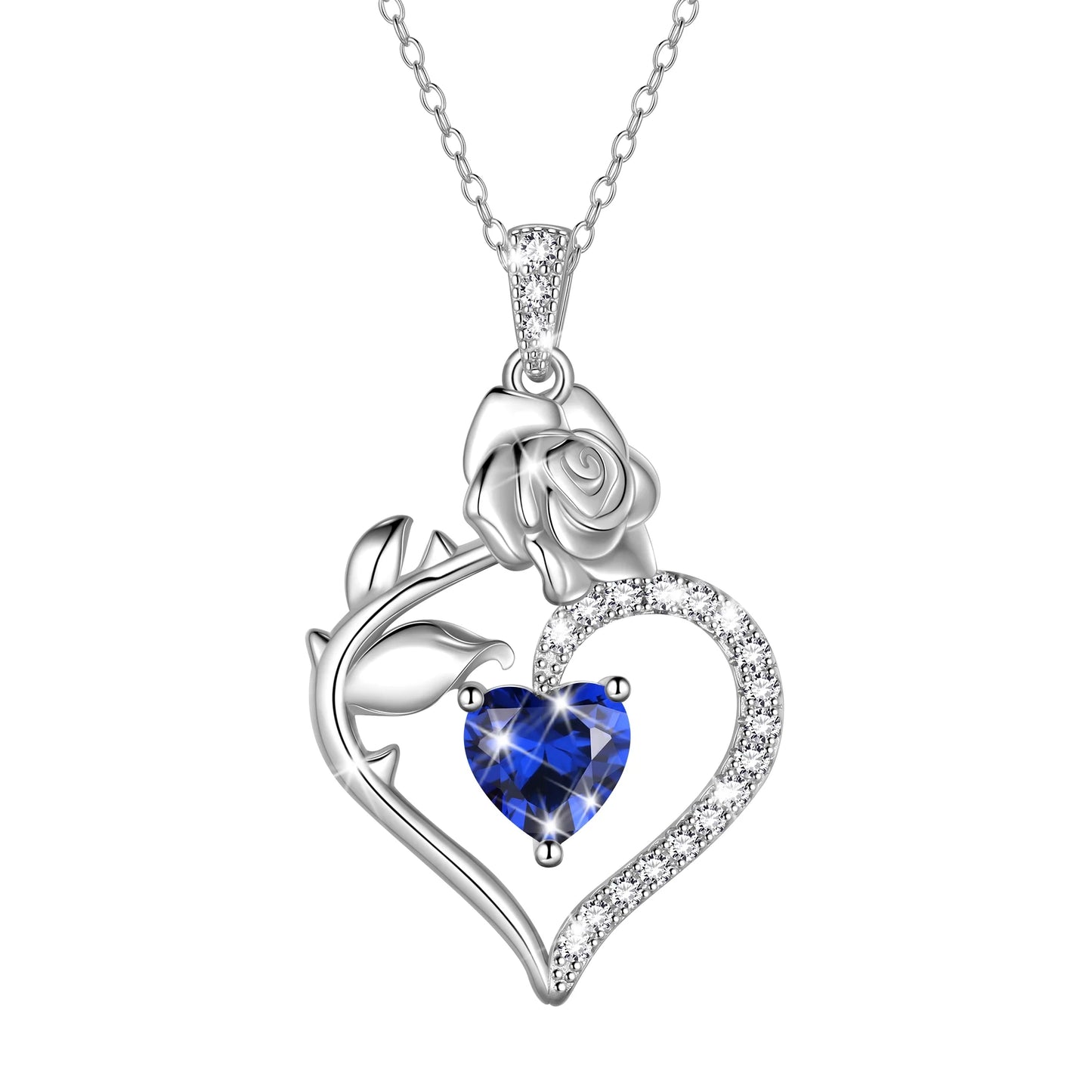 Exquisite 925 Sterling Silver Heart Rose Birthstone Necklace Featuring September Blue Sapphire – The Perfect Gift for Her on Special Occasions!