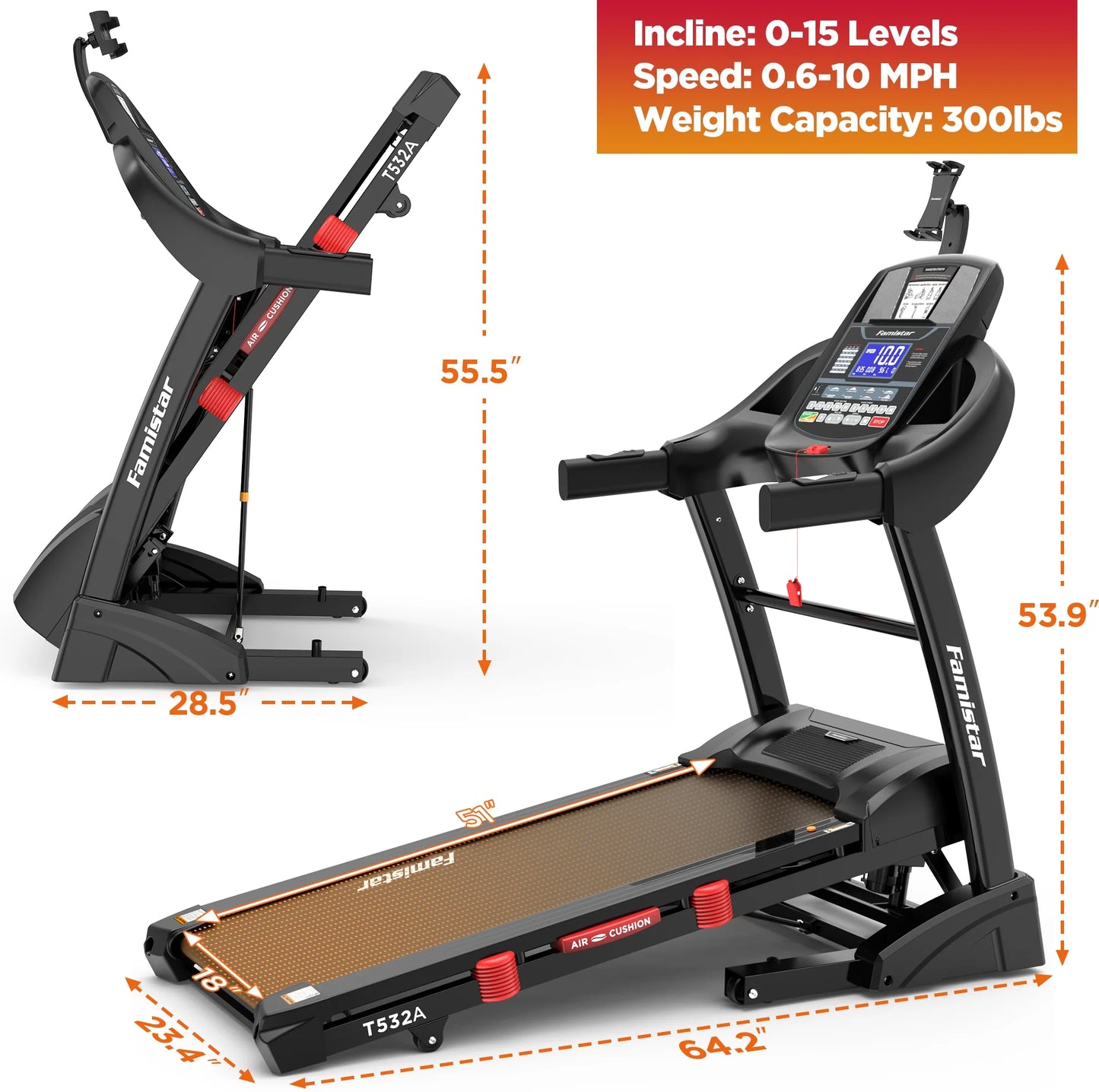 Unleash Your Fitness Potential with the 5.1HP Portable Folding Treadmill - 15% Auto Incline, 300 LB Capacity, and FREE APP Control!