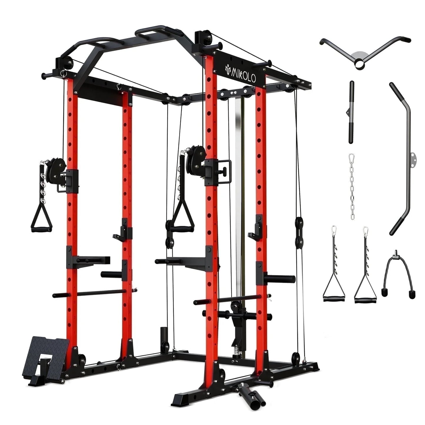 Ultimate Power Rack Cage: 1500 Lbs Weight Rack with Versatile Cable Crossover Machine – Multi-Function Squat Rack Featuring J Hooks, Dip Bars, and Landmine for Your Home Gym (Red)