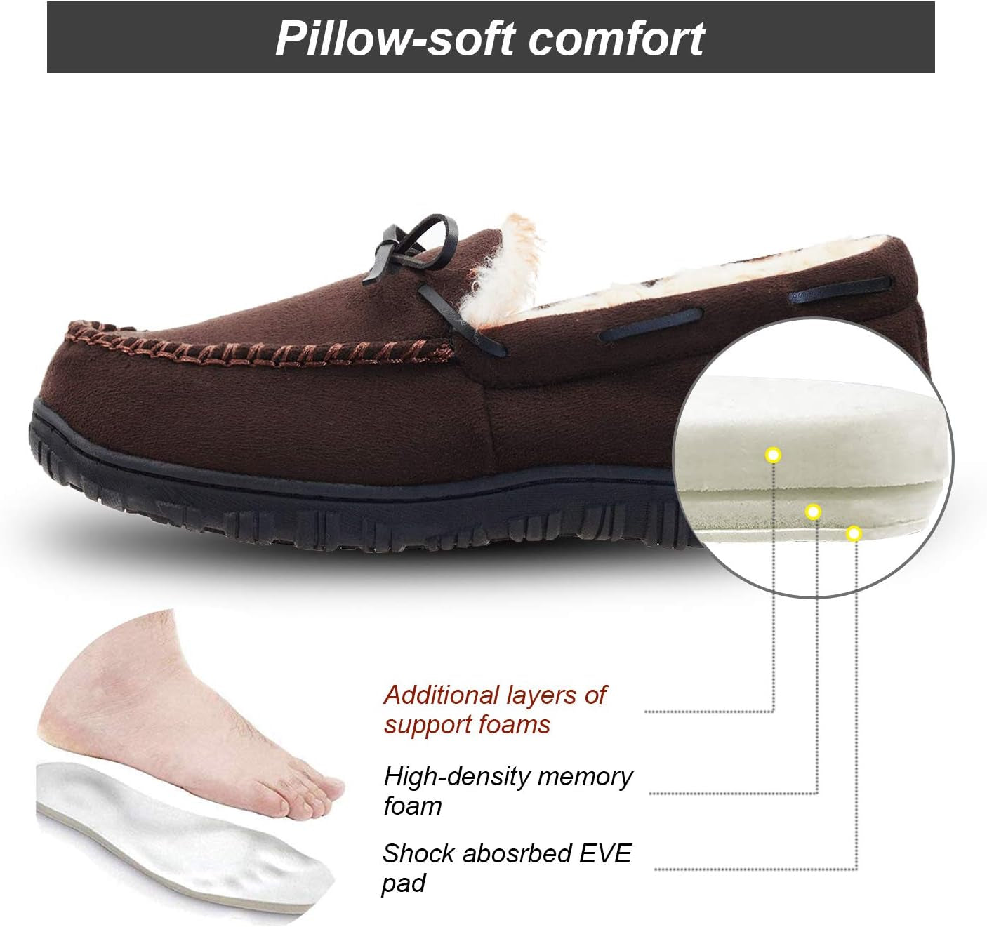 Men'S Moccasin Slippers Memory Foam Warm Plush House Slippers, Indoor Outdoor Comfortable Winter House Shoes