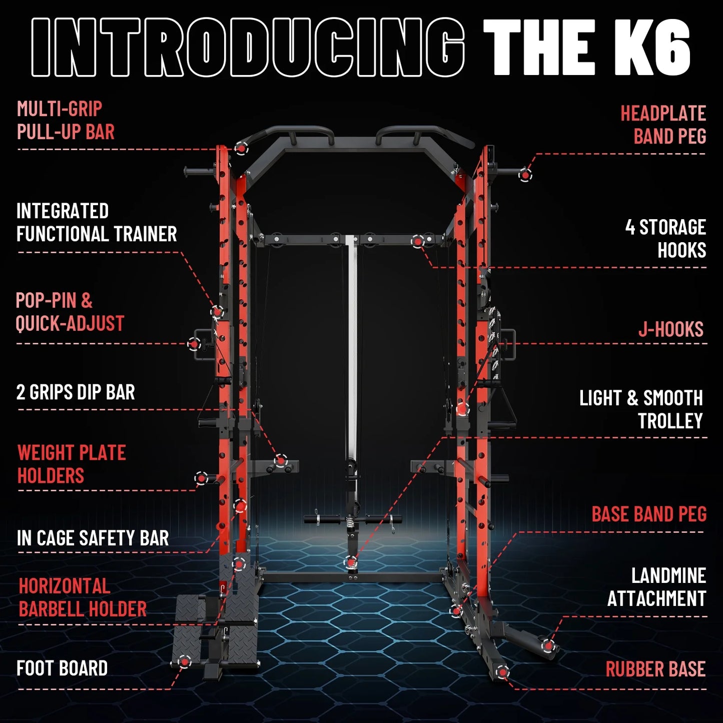 Ultimate Power Rack Cage: 1500 Lbs Weight Rack with Versatile Cable Crossover Machine – Multi-Function Squat Rack Featuring J Hooks, Dip Bars, and Landmine for Your Home Gym (Red)