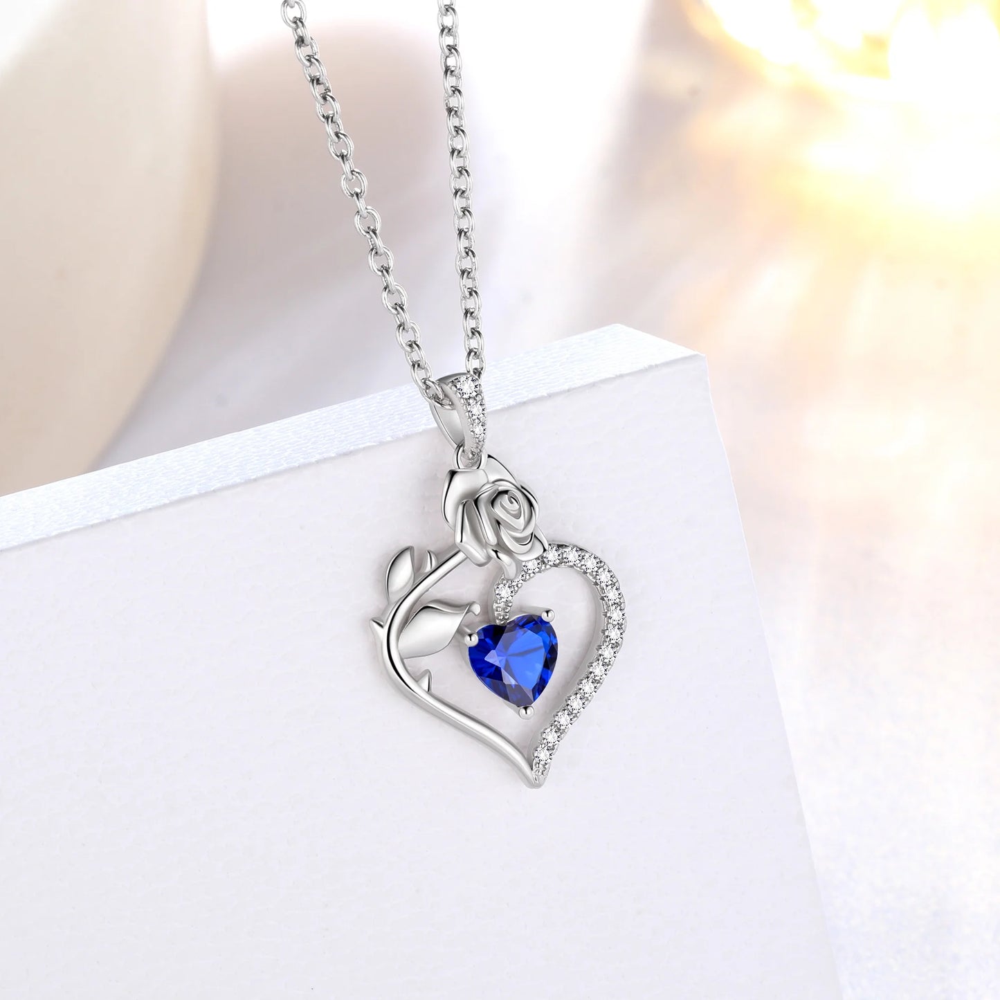 Exquisite 925 Sterling Silver Heart Rose Birthstone Necklace Featuring September Blue Sapphire – The Perfect Gift for Her on Special Occasions!