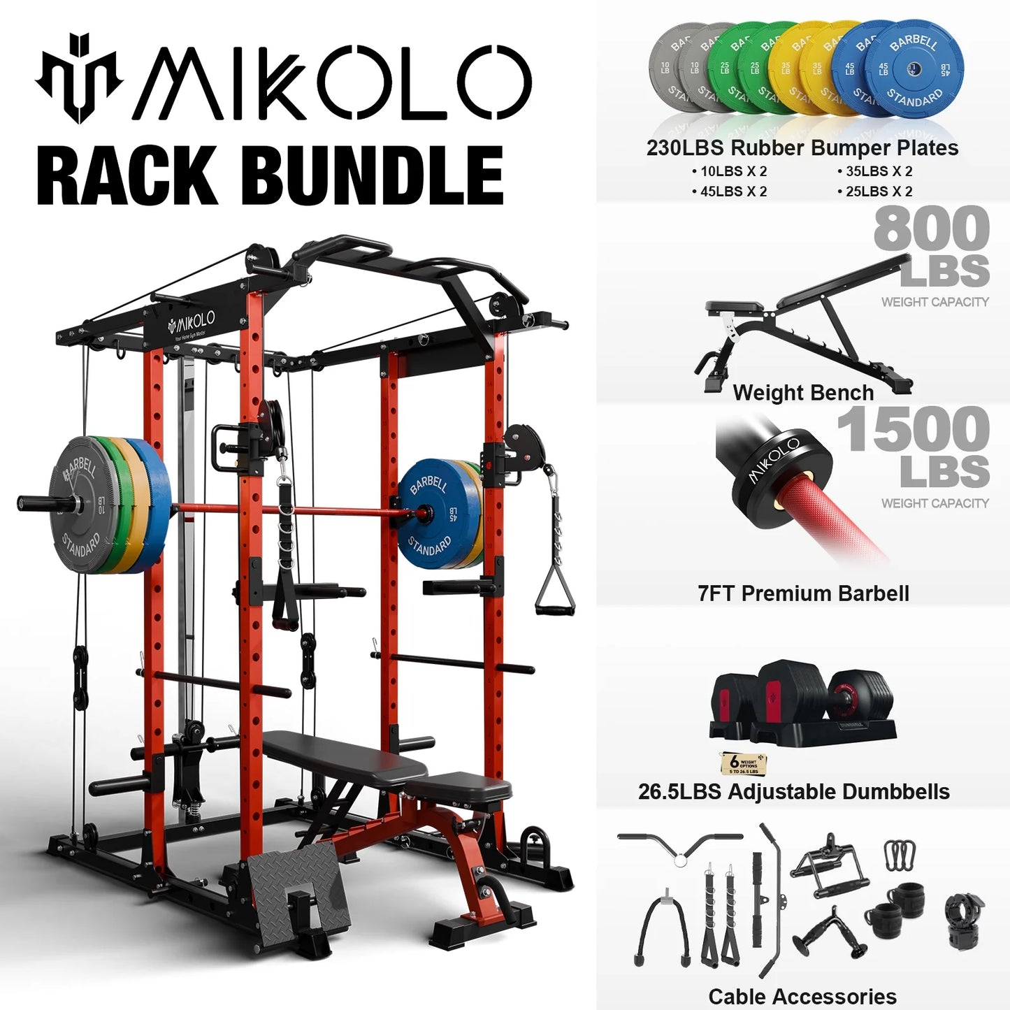 Ultimate Power Rack Cage: 1500 Lbs Weight Rack with Versatile Cable Crossover Machine – Multi-Function Squat Rack Featuring J Hooks, Dip Bars, and Landmine for Your Home Gym (Red)