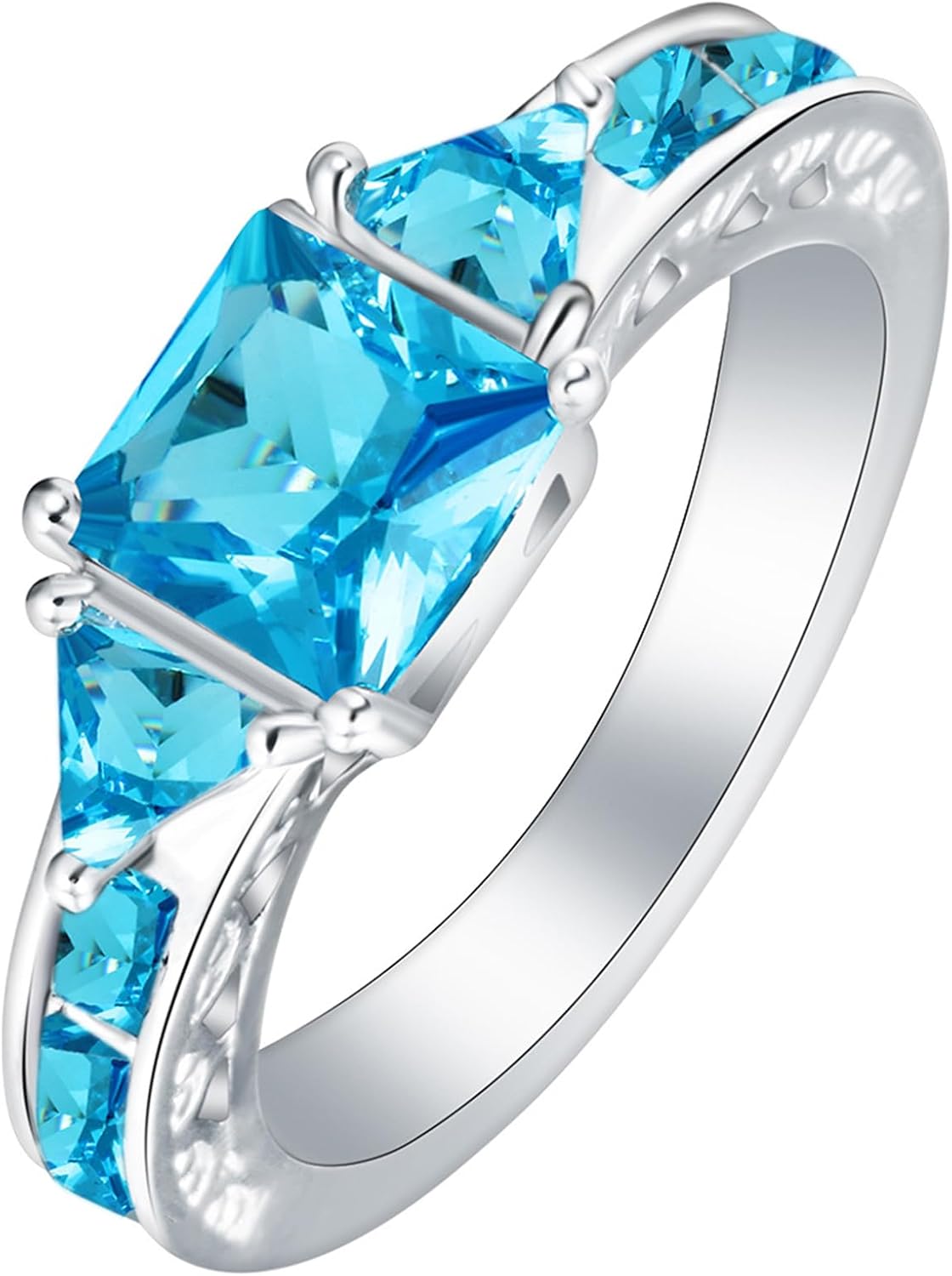 Exquisite 925 Sterling Silver Princess Cut Blue Sapphire 3 Stone Promise Ring for Women