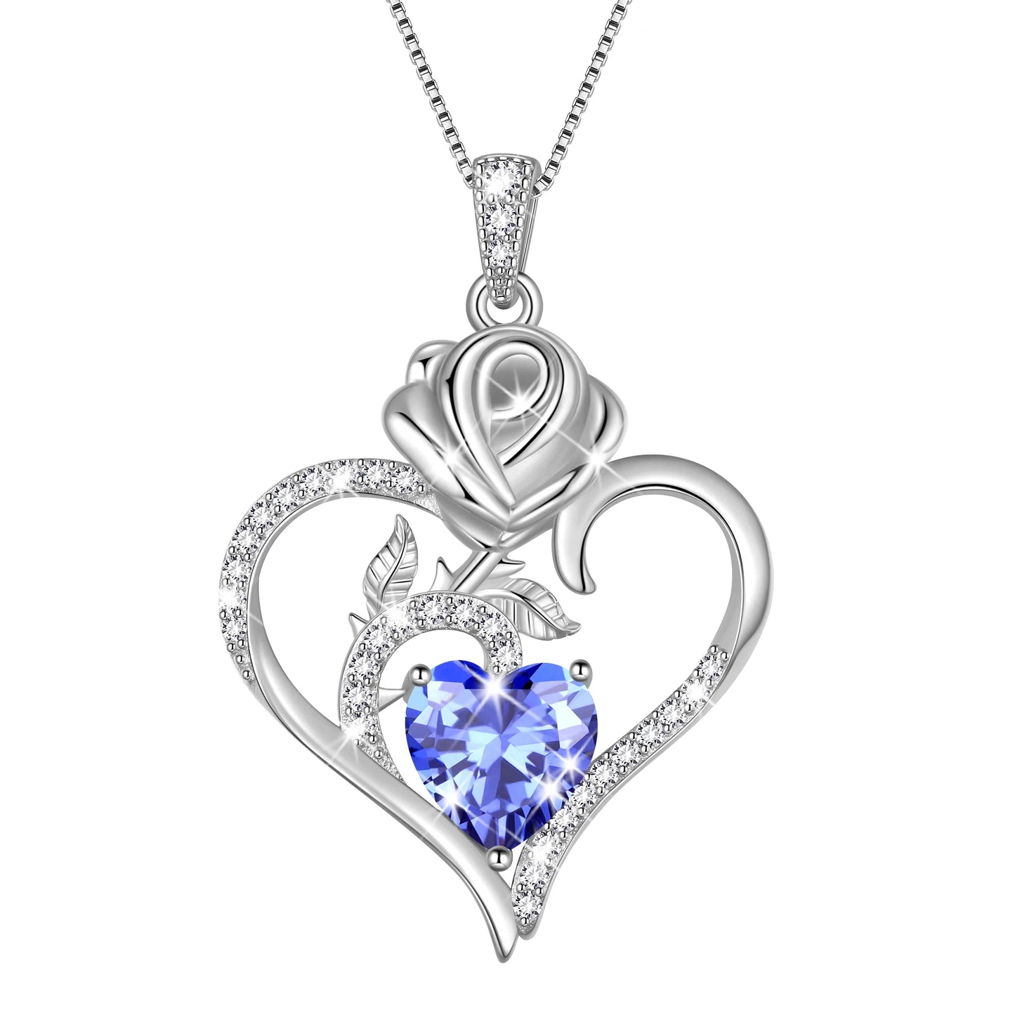 Exquisite 925 Sterling Silver Heart Rose Birthstone Necklace Featuring September Blue Sapphire – The Perfect Gift for Her on Special Occasions!