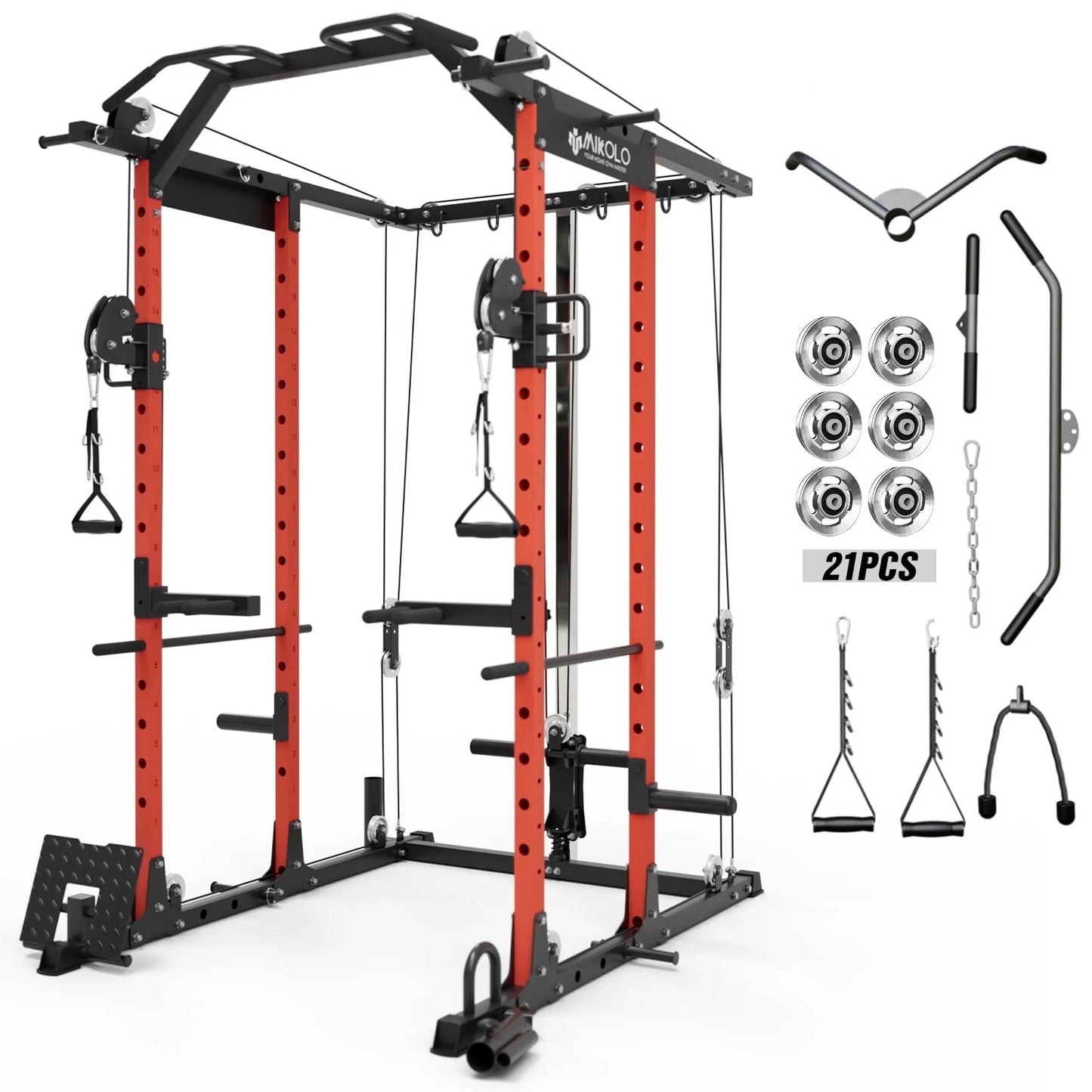 Ultimate Power Rack Cage: 1500 Lbs Weight Rack with Versatile Cable Crossover Machine – Multi-Function Squat Rack Featuring J Hooks, Dip Bars, and Landmine for Your Home Gym (Red)