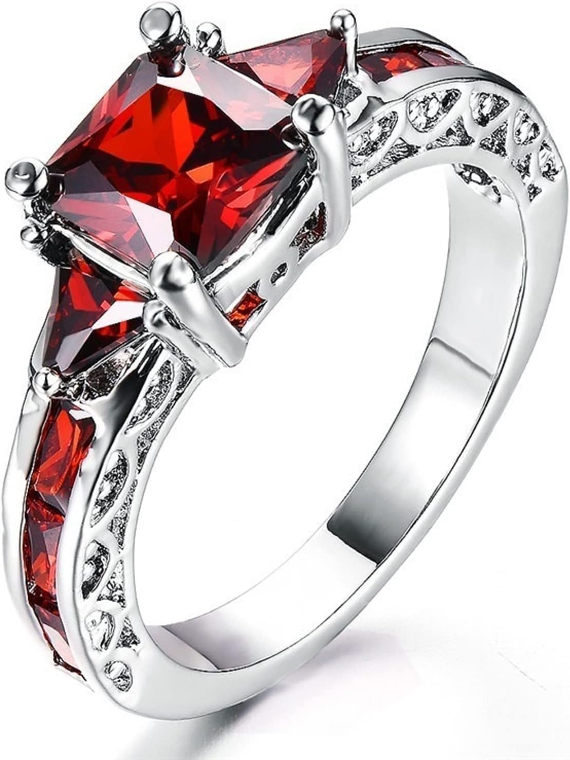 Exquisite 925 Sterling Silver Princess Cut Blue Sapphire 3 Stone Promise Ring for Women