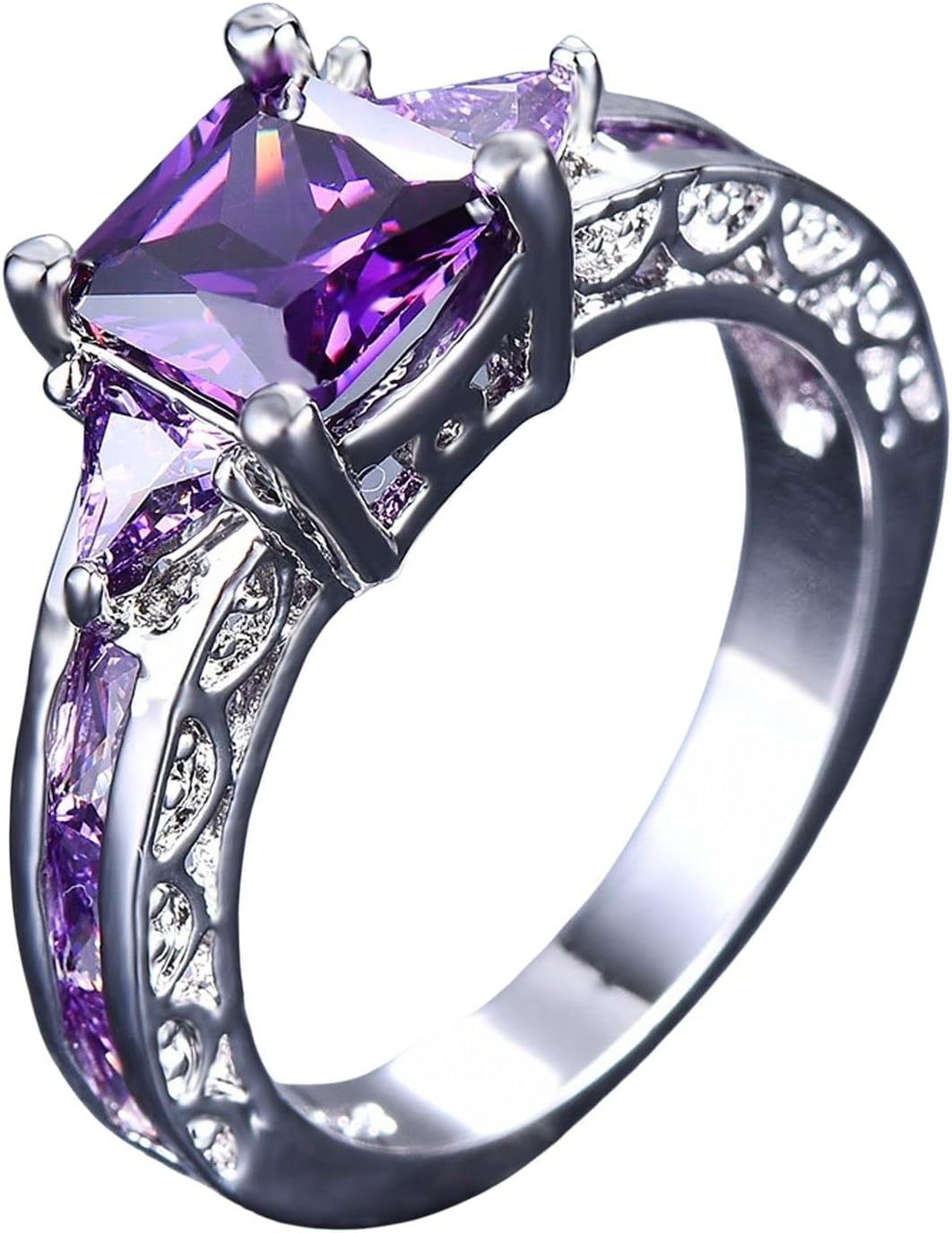Exquisite 925 Sterling Silver Princess Cut Blue Sapphire 3 Stone Promise Ring for Women