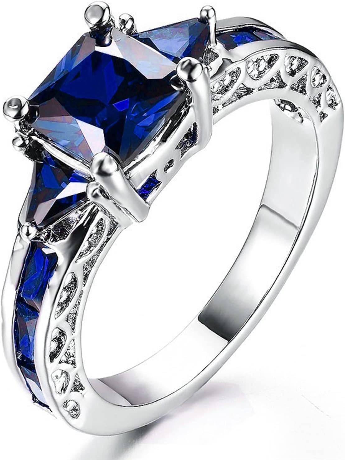 Exquisite 925 Sterling Silver Princess Cut Blue Sapphire 3 Stone Promise Ring for Women