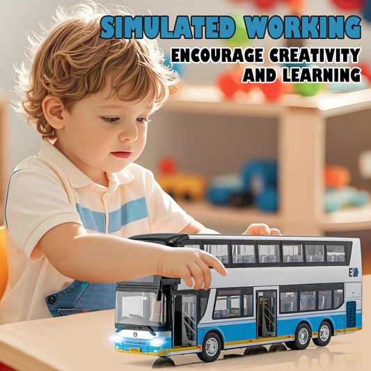 Exciting Silver 1/42 Scale Diecast Double Decker City Bus Toy - Light-Up Features & Openable Doors for Endless Imaginative Play - Perfect Gift for Young Bus Enthusiasts!