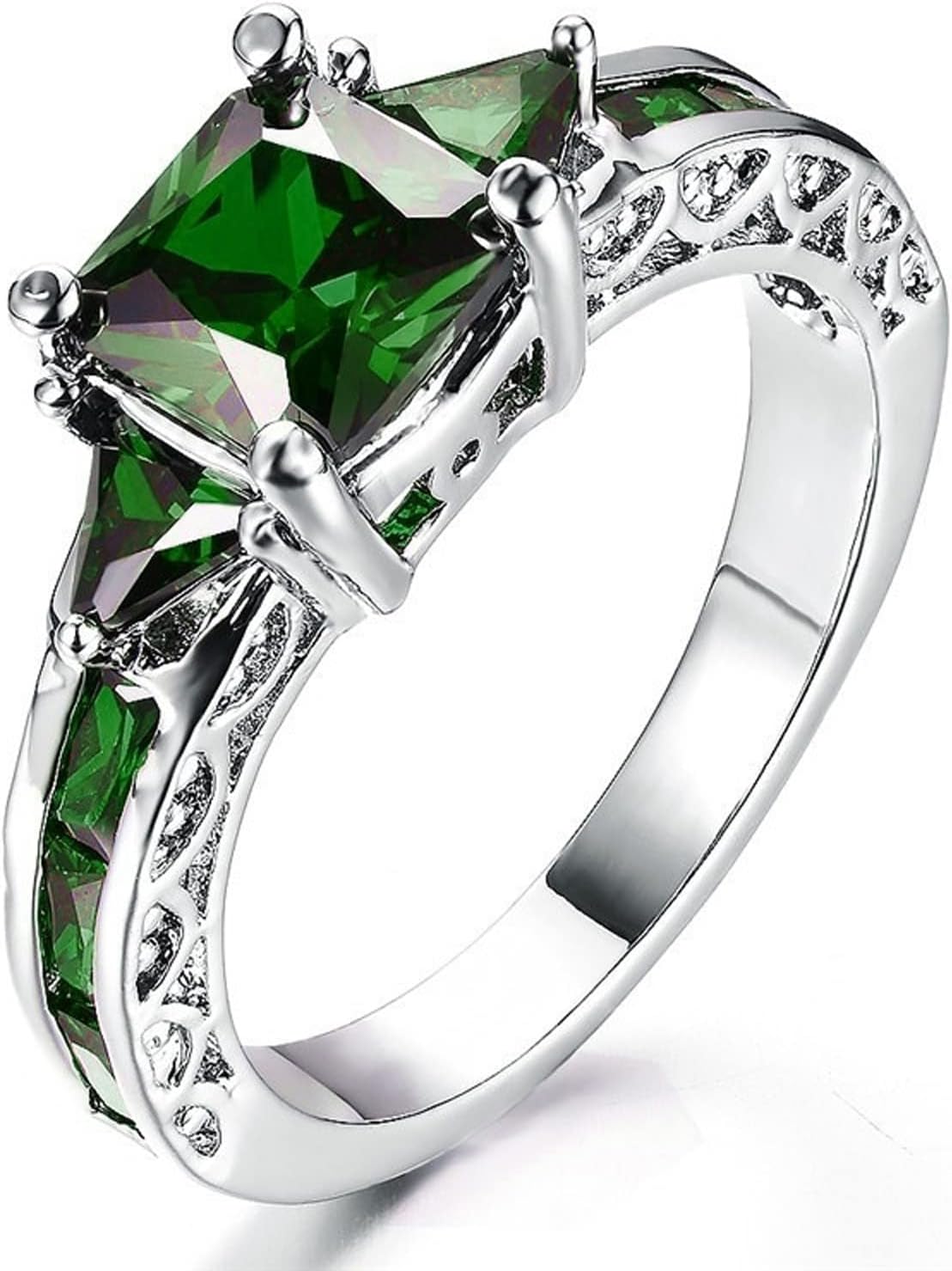 Exquisite 925 Sterling Silver Princess Cut Blue Sapphire 3 Stone Promise Ring for Women