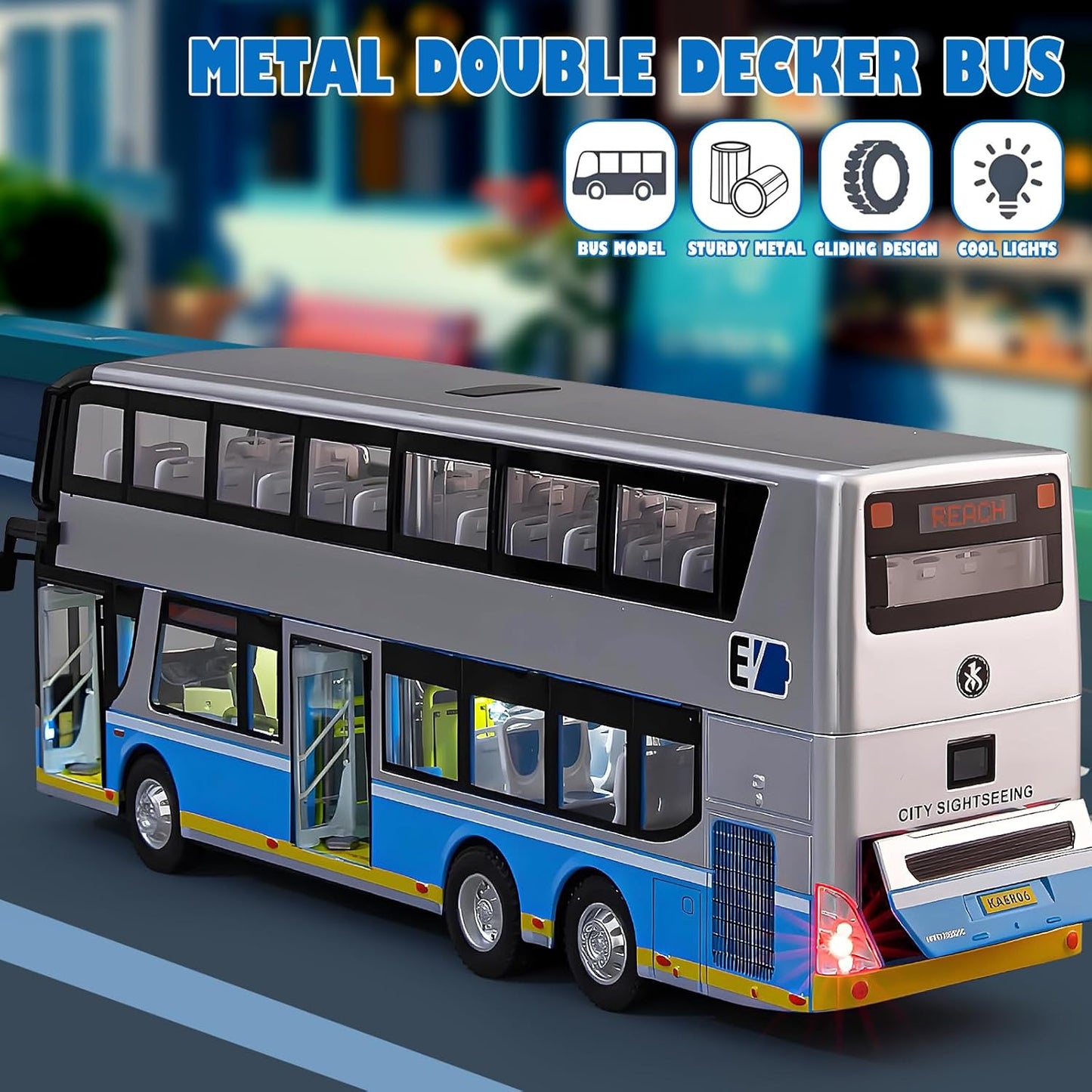 Exciting Silver 1/42 Scale Diecast Double Decker City Bus Toy - Light-Up Features & Openable Doors for Endless Imaginative Play - Perfect Gift for Young Bus Enthusiasts!