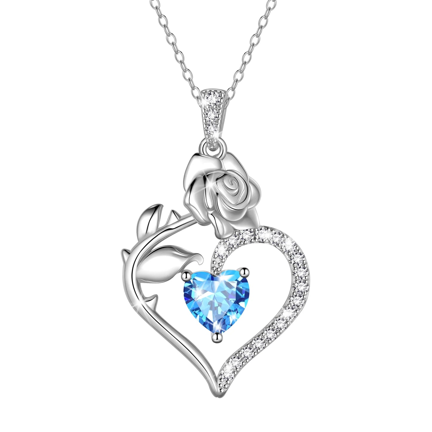Exquisite 925 Sterling Silver Heart Rose Birthstone Necklace Featuring September Blue Sapphire – The Perfect Gift for Her on Special Occasions!