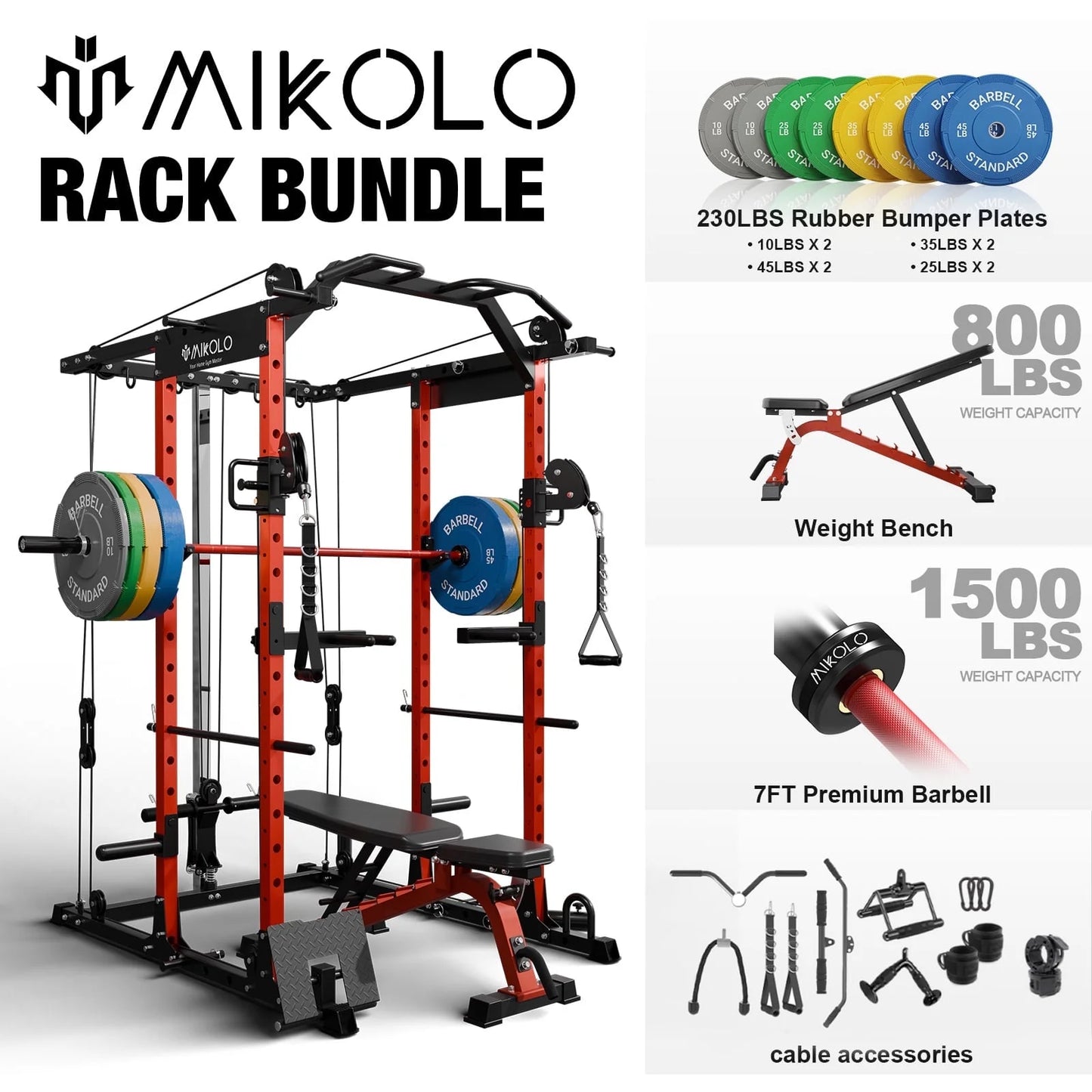 Ultimate Power Rack Cage: 1500 Lbs Weight Rack with Versatile Cable Crossover Machine – Multi-Function Squat Rack Featuring J Hooks, Dip Bars, and Landmine for Your Home Gym (Red)