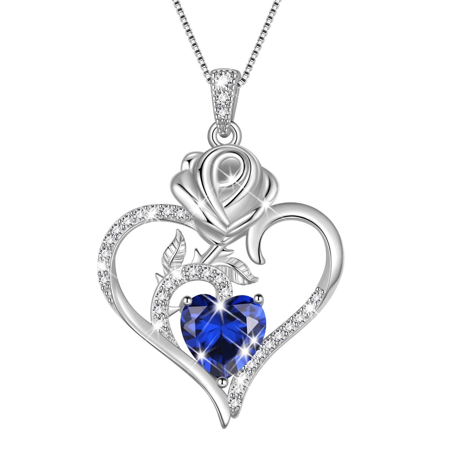 Exquisite 925 Sterling Silver Heart Rose Birthstone Necklace Featuring September Blue Sapphire – The Perfect Gift for Her on Special Occasions!