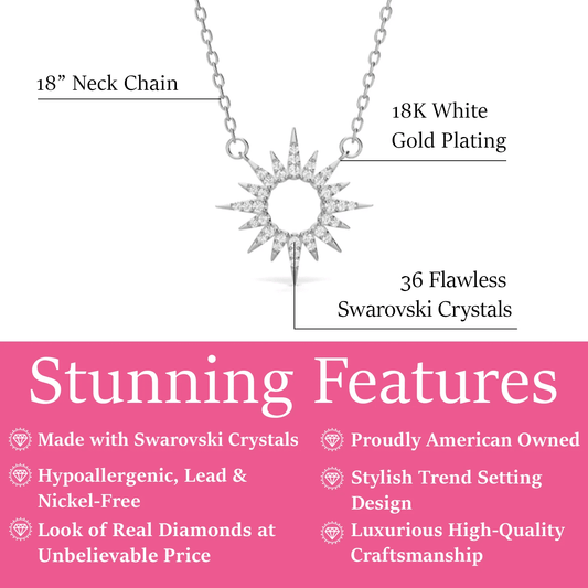 Illuminate Your Style with the Evie 18K White Gold Plated Sun Pendant Necklace Decorated with Sparkling Swarovski Crystals - The Perfect Gift for Every Woman
