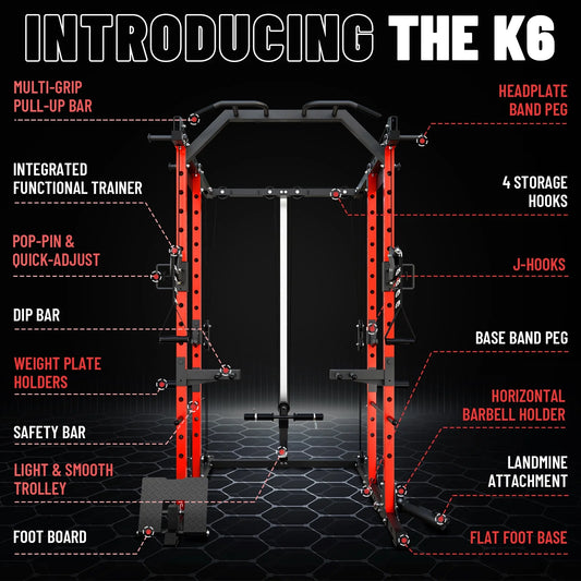 Ultimate Power Rack Cage: 1500 Lbs Weight Rack with Versatile Cable Crossover Machine – Multi-Function Squat Rack Featuring J Hooks, Dip Bars, and Landmine for Your Home Gym (Red)