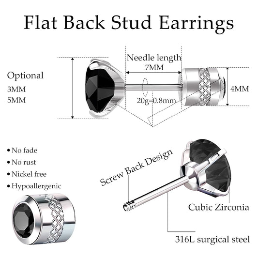 Elegant Resizable Black Stud Earrings for Women - Hypoallergenic Flat Back Nap Earrings in 3mm and 5mm for Sensitive Ears, Perfect as Birthday Gifts