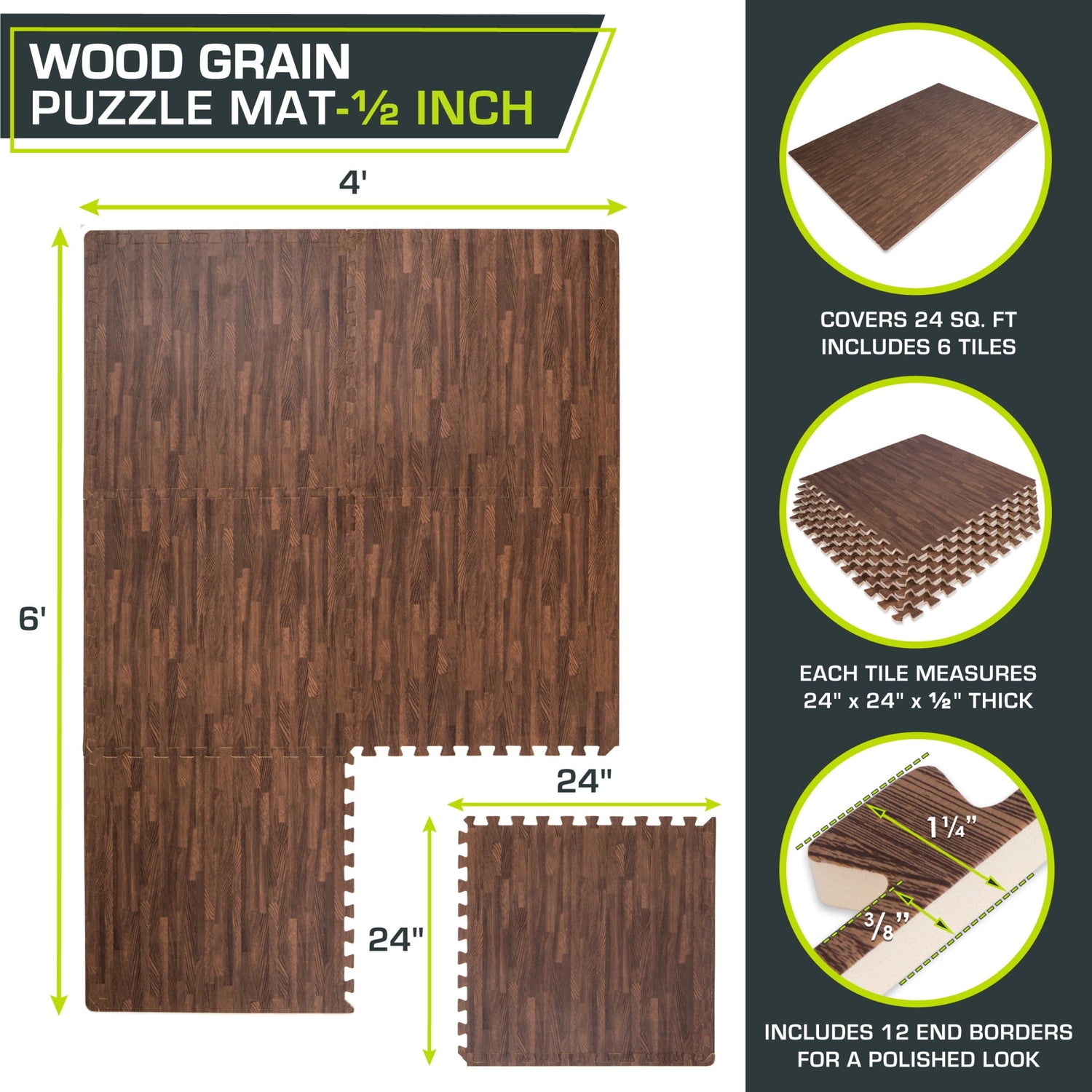 Transform Your Space with Dark Oak Wood-Grain EVA Foam Interlocking Floor Tiles - 1/2" Thick for Ultimate Comfort and Protection!