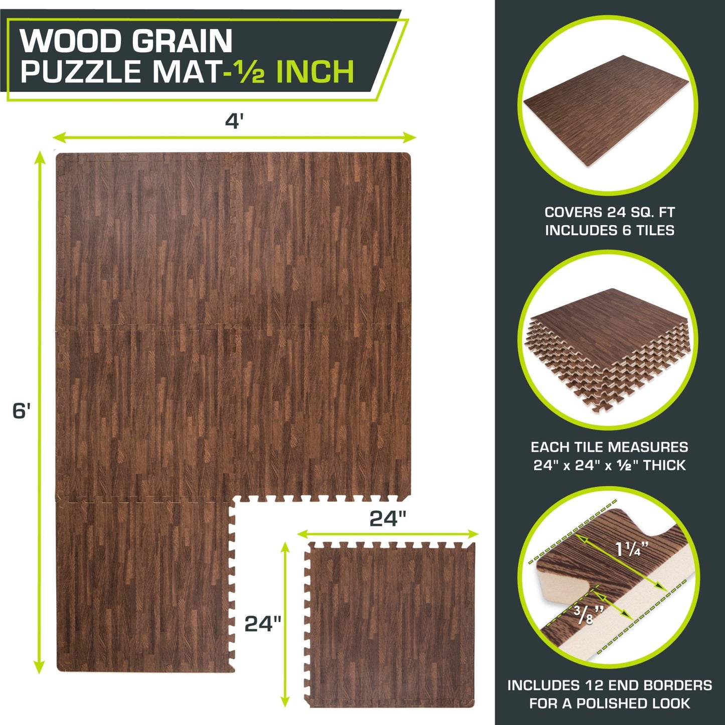 Dark Oak Wood-Grain EVA Foam Interlocking Floor Tiles - 1/2" Thickness for Enhanced Comfort and Protection