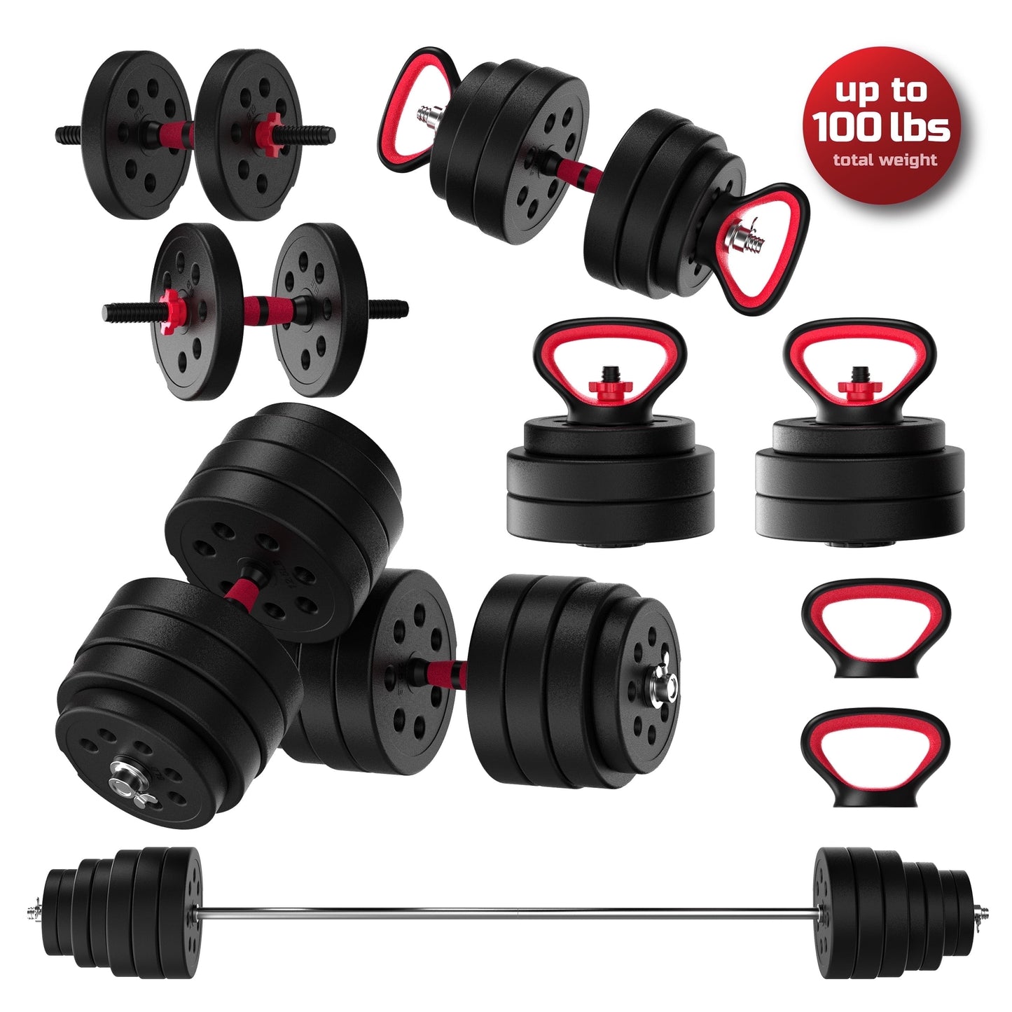 Transform Your Home Workouts with the FitRx 100Lbs Adjustable Dumbbells, Kettlebells, and Barbell Weight Set