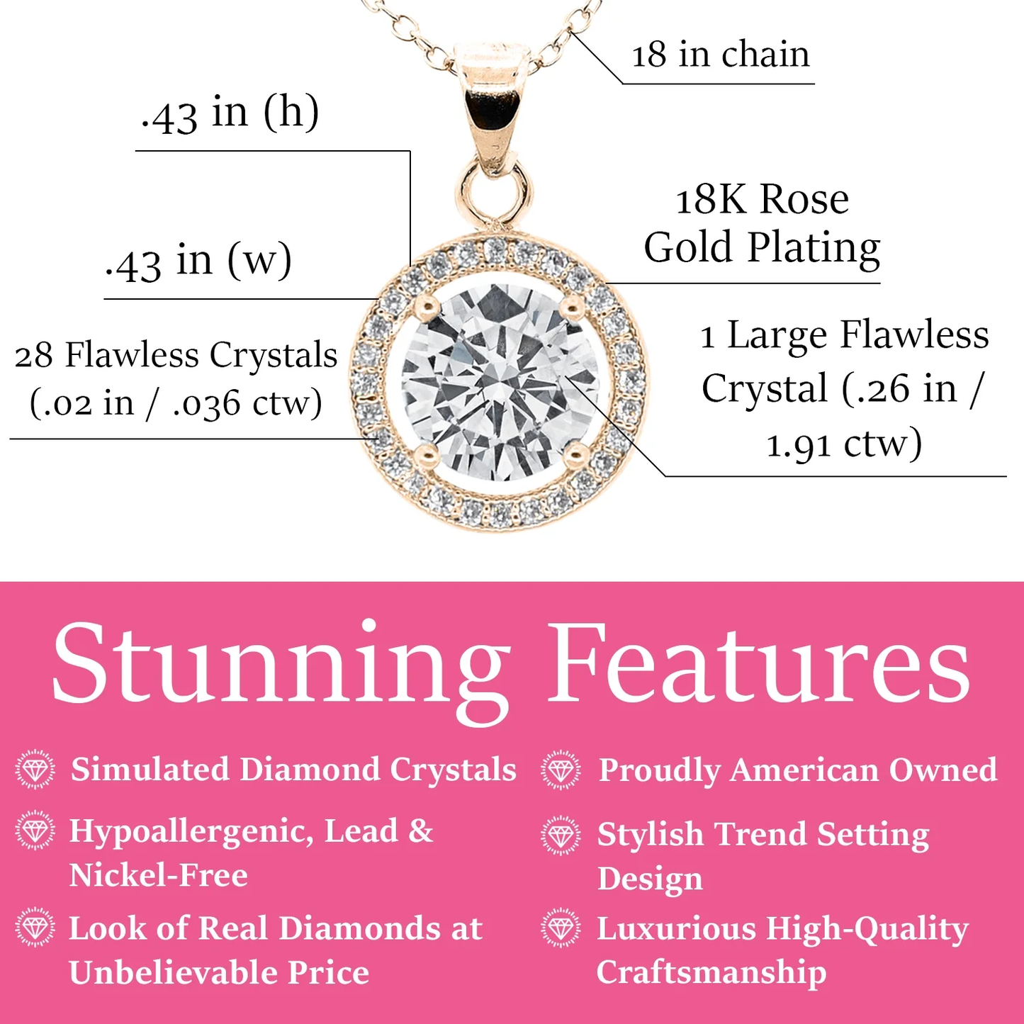 Radiant Blake 18K Rose Gold Plated Halo Pendant Necklace with Dazzling Simulated Crystals for Women