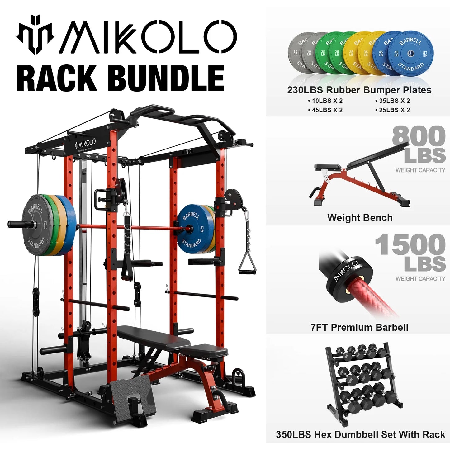 Ultimate Power Rack Cage: 1500 Lbs Weight Rack with Versatile Cable Crossover Machine – Multi-Function Squat Rack Featuring J Hooks, Dip Bars, and Landmine for Your Home Gym (Red)