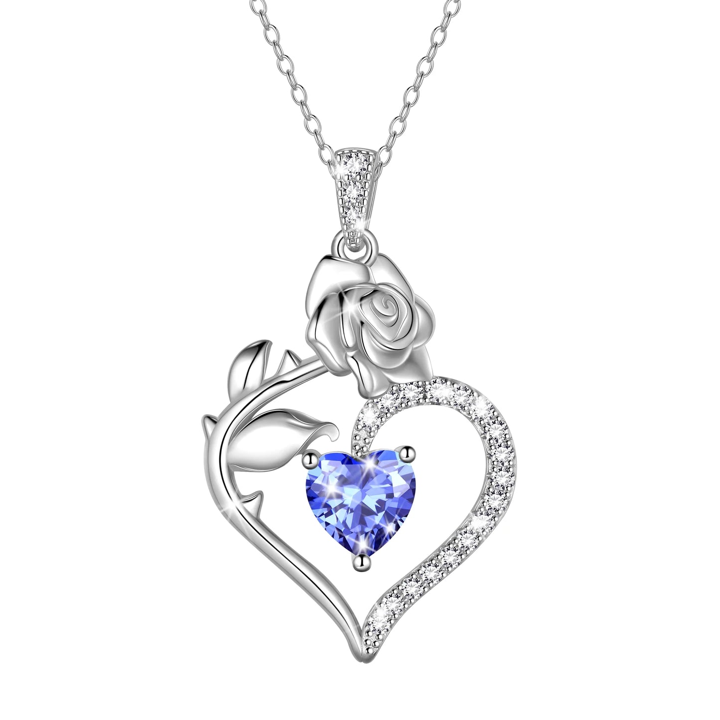 Exquisite 925 Sterling Silver Heart Rose Birthstone Necklace Featuring September Blue Sapphire – The Perfect Gift for Her on Special Occasions!