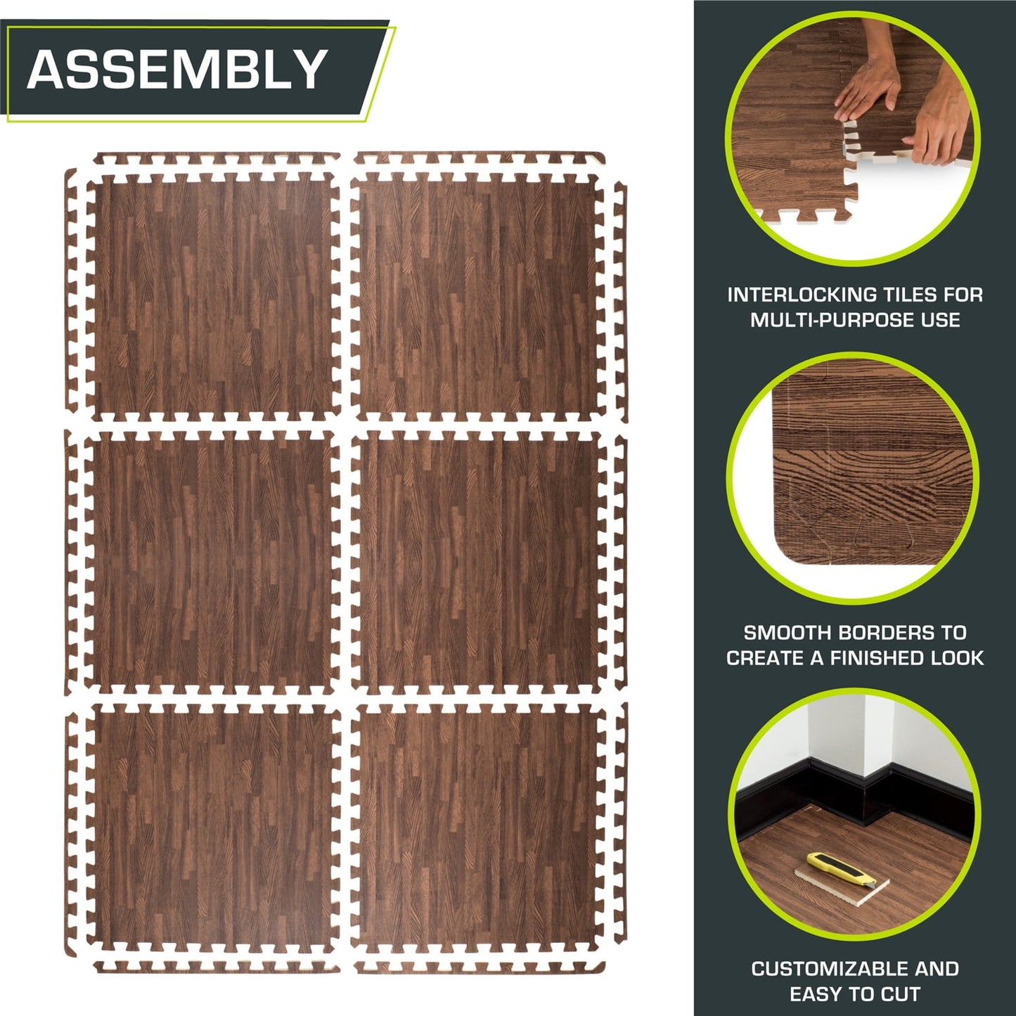 Transform Your Space with Dark Oak Wood-Grain EVA Foam Interlocking Floor Tiles - 1/2" Thick for Ultimate Comfort and Protection!