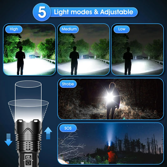 High-Performance Rechargeable Flashlight: 200,000 Lumens, Type-C Fast Charging, 5 Modes, Waterproof, Compact Design for Outdoor Adventures