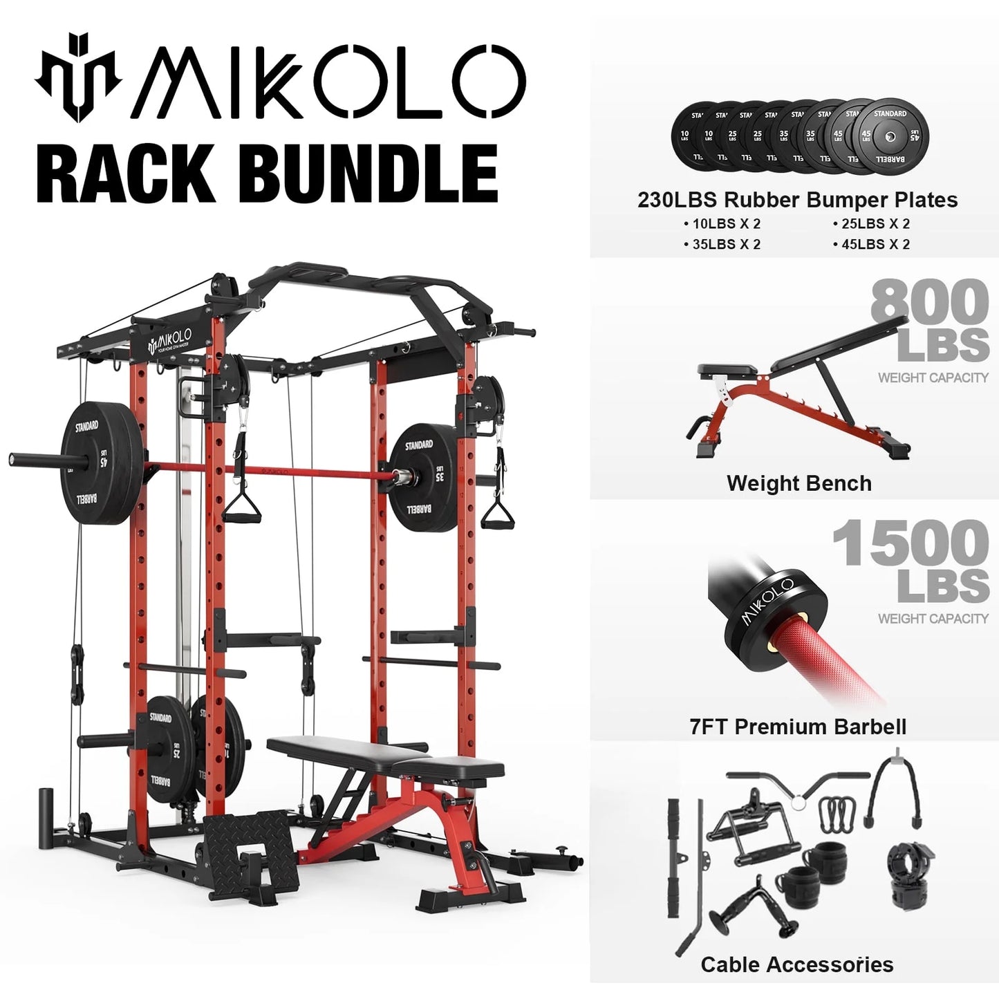 Ultimate Power Rack Cage: 1500 Lbs Weight Rack with Versatile Cable Crossover Machine – Multi-Function Squat Rack Featuring J Hooks, Dip Bars, and Landmine for Your Home Gym (Red)