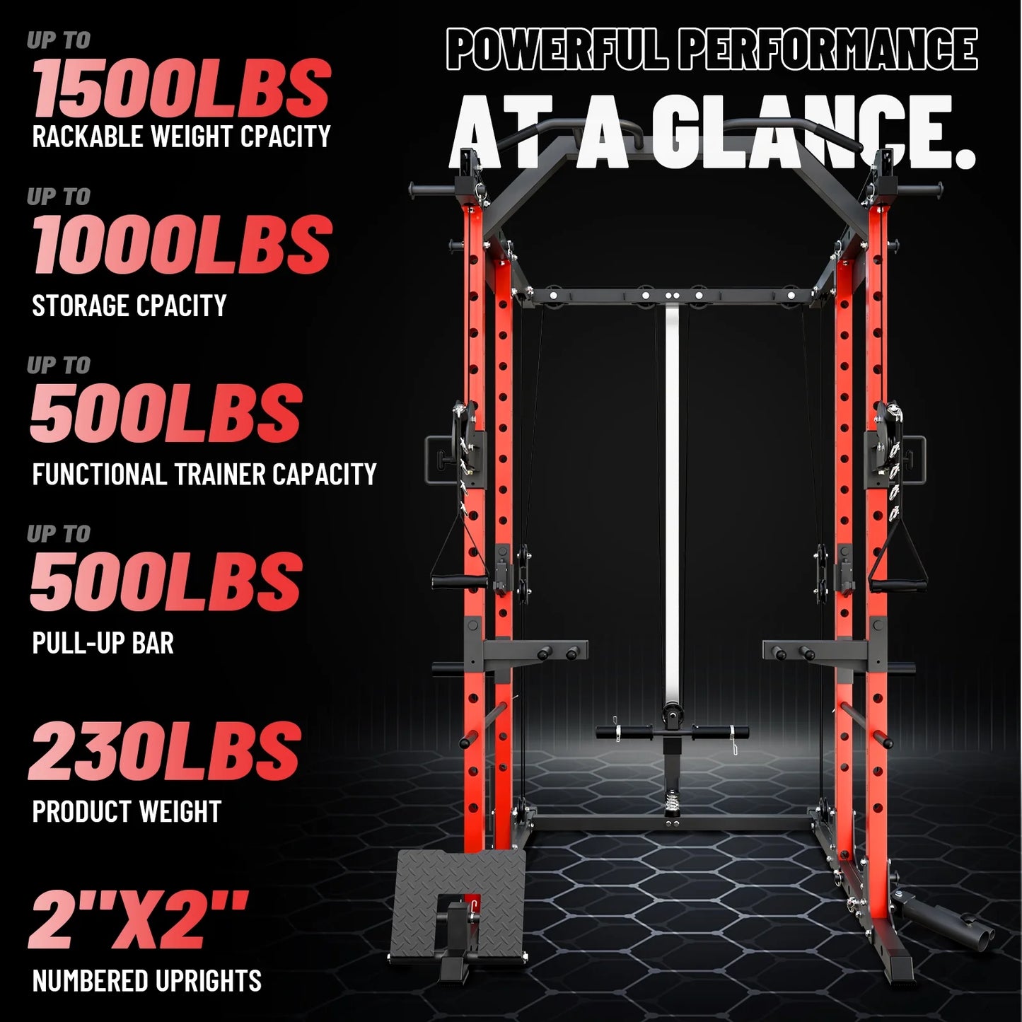 Ultimate Power Rack Cage: 1500 Lbs Weight Rack with Versatile Cable Crossover Machine – Multi-Function Squat Rack Featuring J Hooks, Dip Bars, and Landmine for Your Home Gym (Red)
