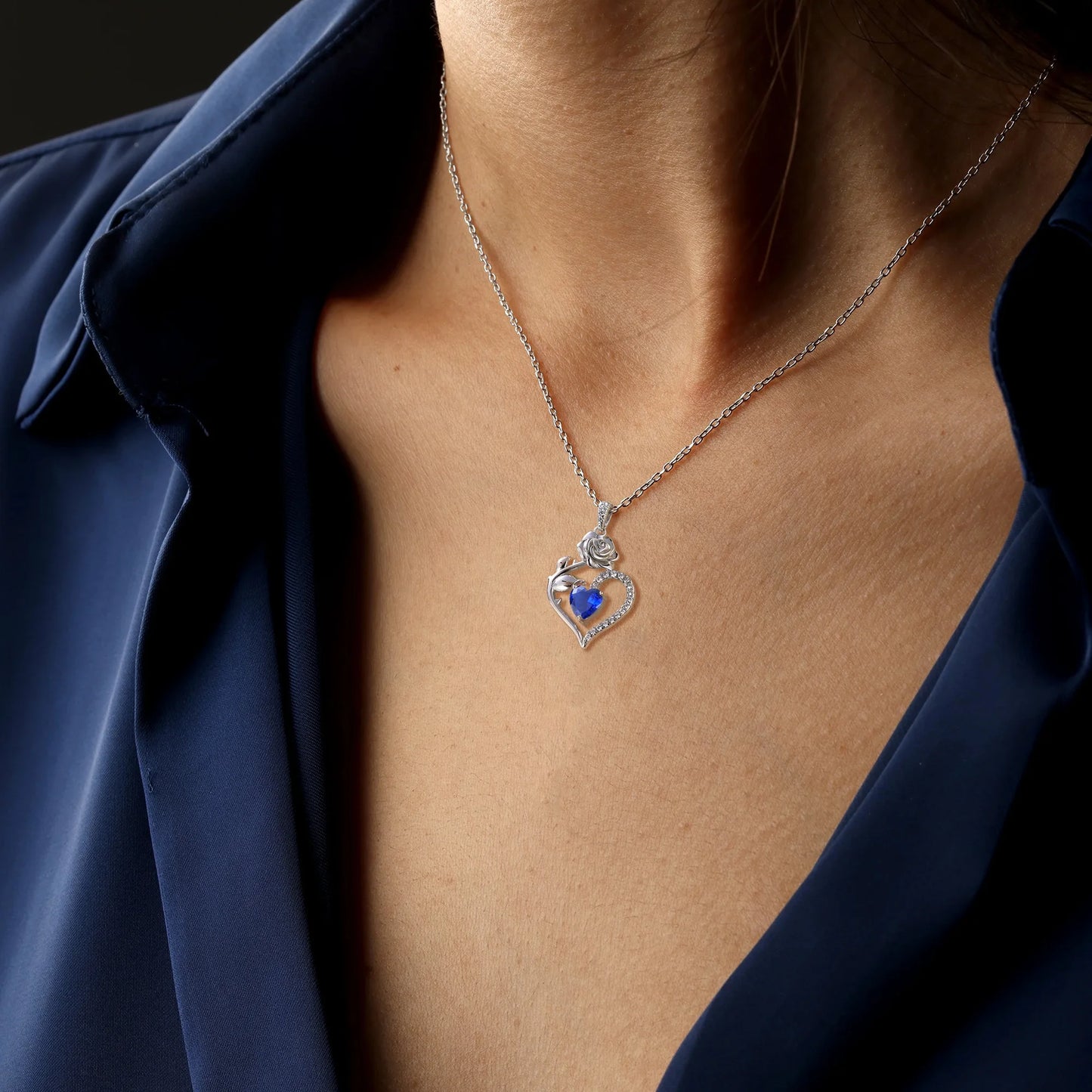 Exquisite 925 Sterling Silver Heart Rose Birthstone Necklace Featuring September Blue Sapphire – The Perfect Gift for Her on Special Occasions!