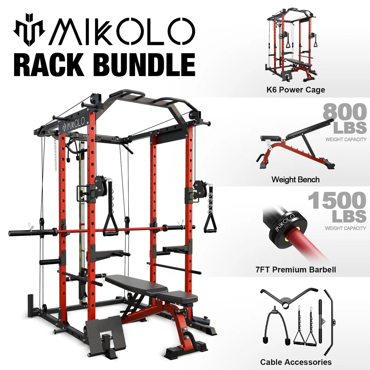 Ultimate Power Rack Cage: 1500 Lbs Weight Rack with Versatile Cable Crossover Machine – Multi-Function Squat Rack Featuring J Hooks, Dip Bars, and Landmine for Your Home Gym (Red)