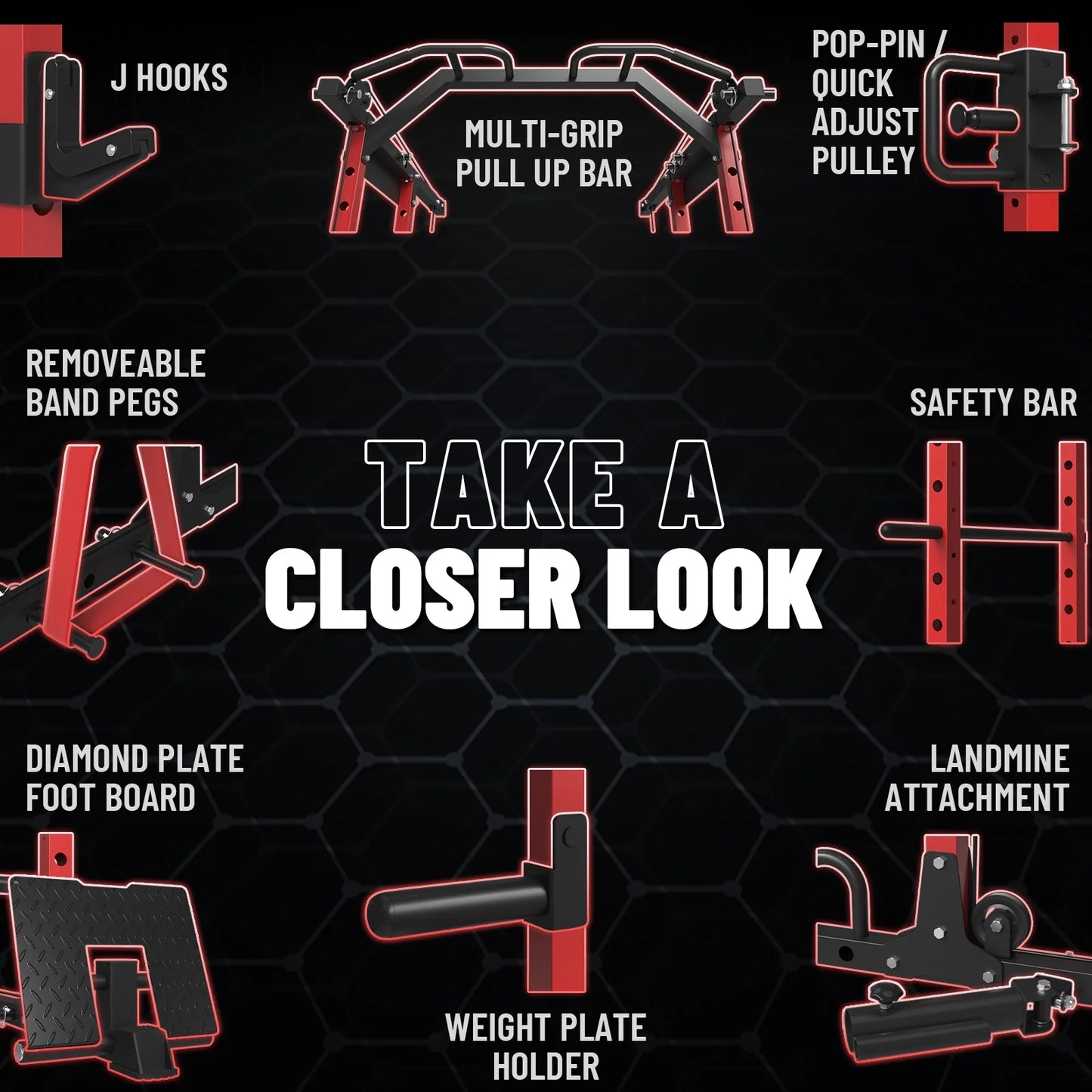 Ultimate Power Rack Cage: 1500 Lbs Weight Rack with Versatile Cable Crossover Machine – Multi-Function Squat Rack Featuring J Hooks, Dip Bars, and Landmine for Your Home Gym (Red)