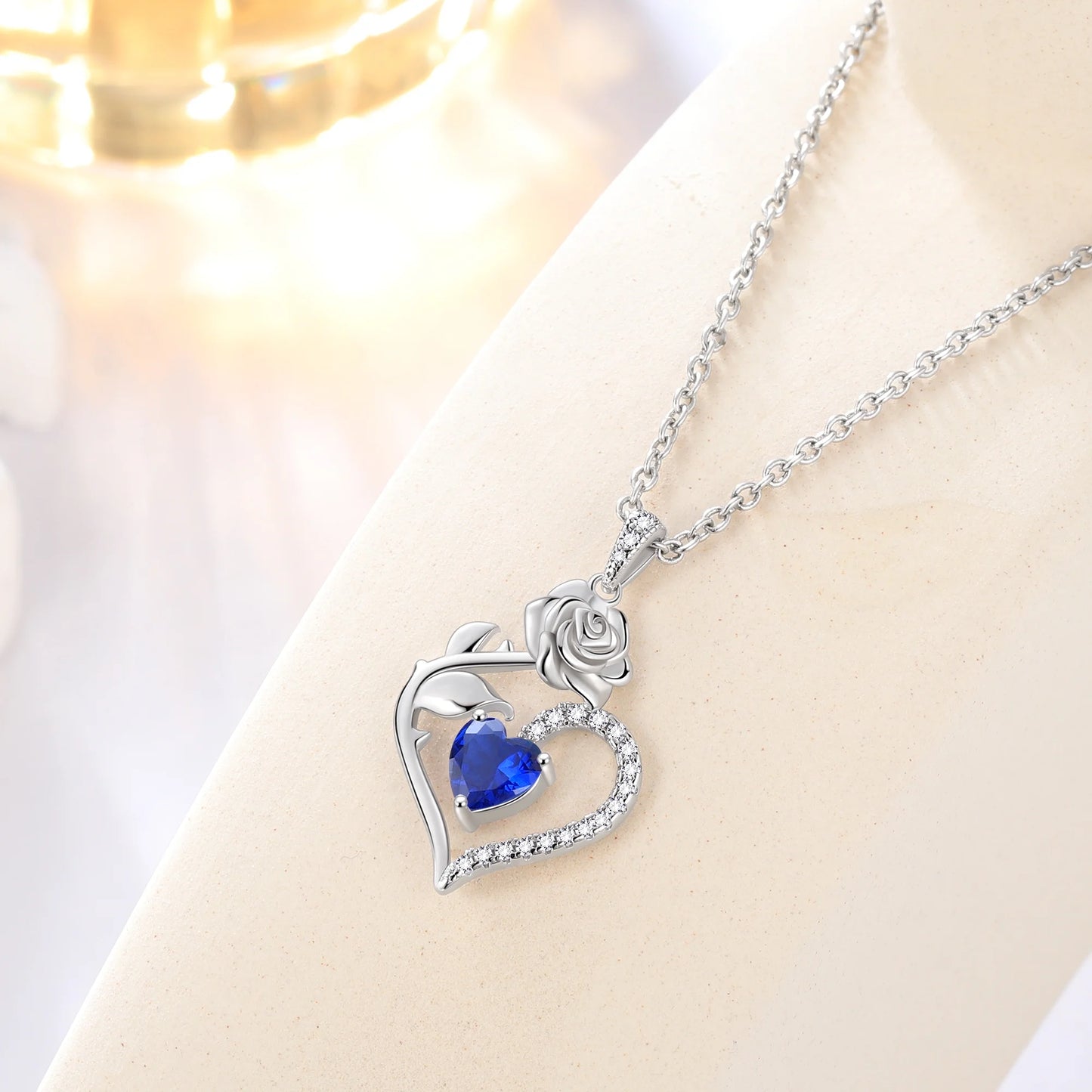 Exquisite 925 Sterling Silver Heart Rose Birthstone Necklace Featuring September Blue Sapphire – The Perfect Gift for Her on Special Occasions!