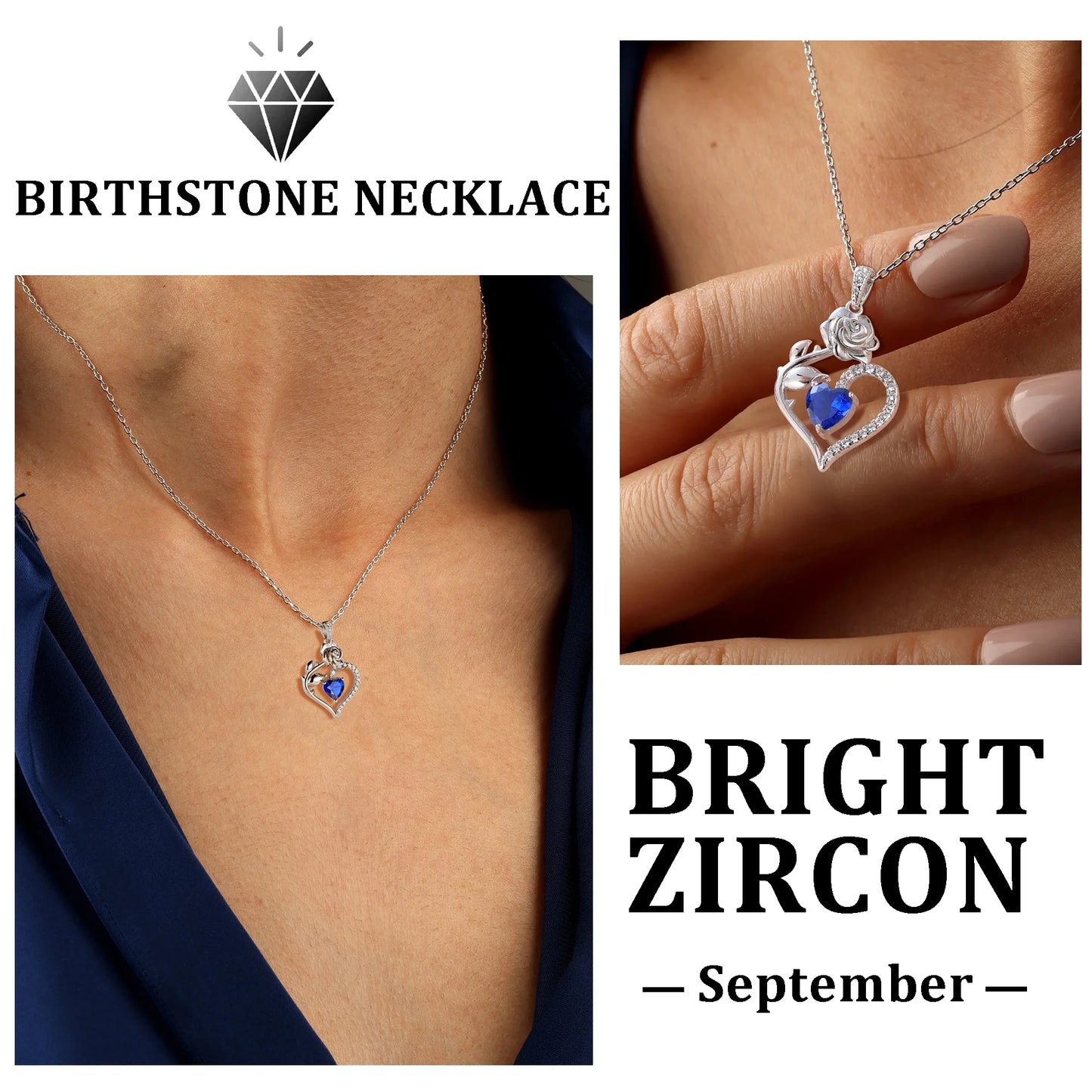 Exquisite 925 Sterling Silver Heart Rose Birthstone Necklace Featuring September Blue Sapphire – The Perfect Gift for Her on Special Occasions!