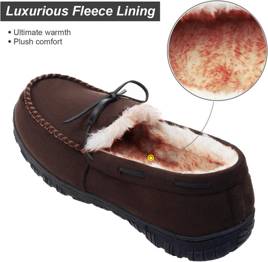 Men'S Moccasin Slippers Memory Foam Warm Plush House Slippers, Indoor Outdoor Comfortable Winter House Shoes