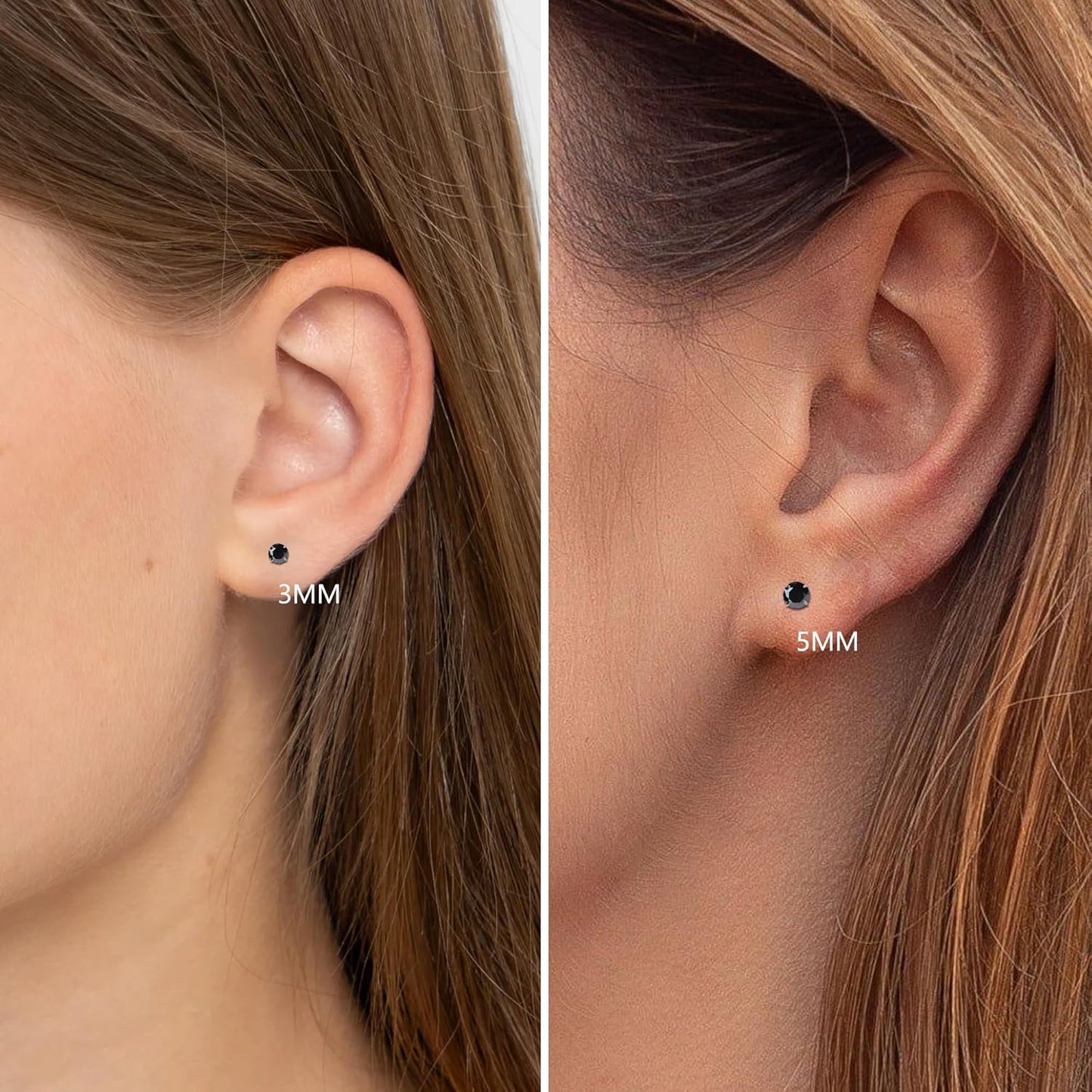 Elegant Resizable Black Stud Earrings for Women - Hypoallergenic Flat Back Nap Earrings in 3mm and 5mm for Sensitive Ears, Perfect as Birthday Gifts