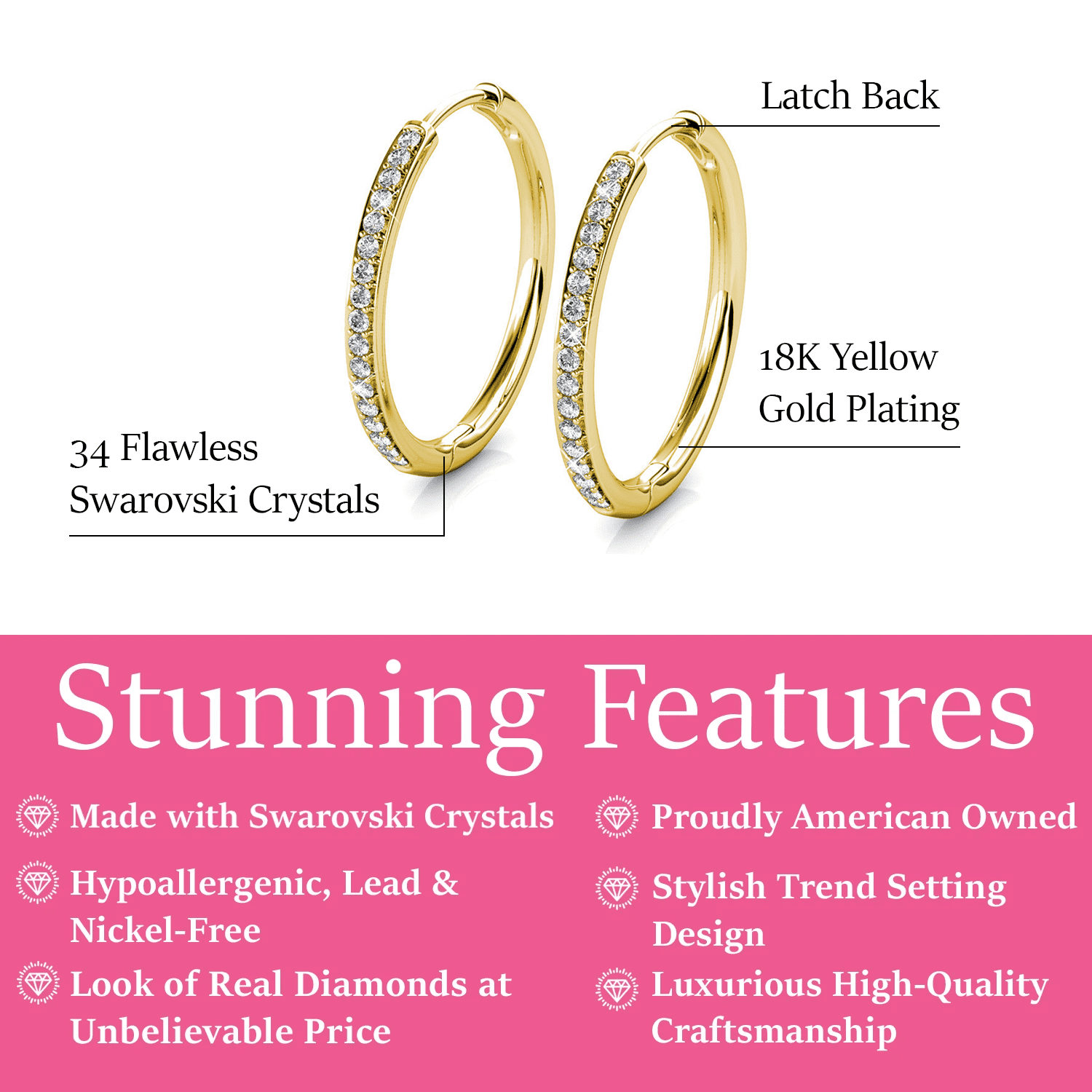 Dazzle in Elegance: Bianca 18K Yellow Gold Plated 25Mm Hoop Earrings with Sparkling Swarovski Crystals for Women