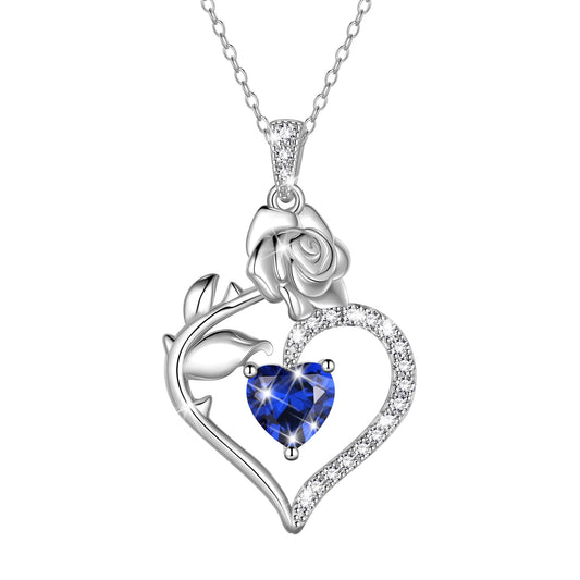 Exquisite 925 Sterling Silver Heart Rose Birthstone Necklace Featuring September Blue Sapphire – The Perfect Gift for Her on Special Occasions!