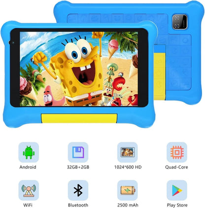 Ultimate Kids Tablet - 7-Inch Android 13 with Allwinner Quad Core, 5GB RAM, 32GB Storage & Parental Controls - Blue