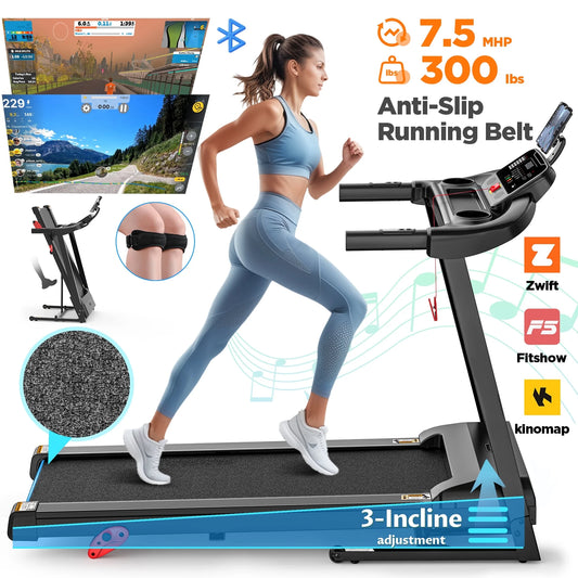 300Lbs Capacity Folding Incline Treadmill: Versatile Home Running Machine with 64+ Programs, Virtual APP Control, and Adjustable iPad Holder
