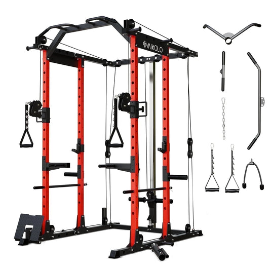 Ultimate Power Rack Cage: 1500 Lbs Weight Rack with Versatile Cable Crossover Machine – Multi-Function Squat Rack Featuring J Hooks, Dip Bars, and Landmine for Your Home Gym (Red)