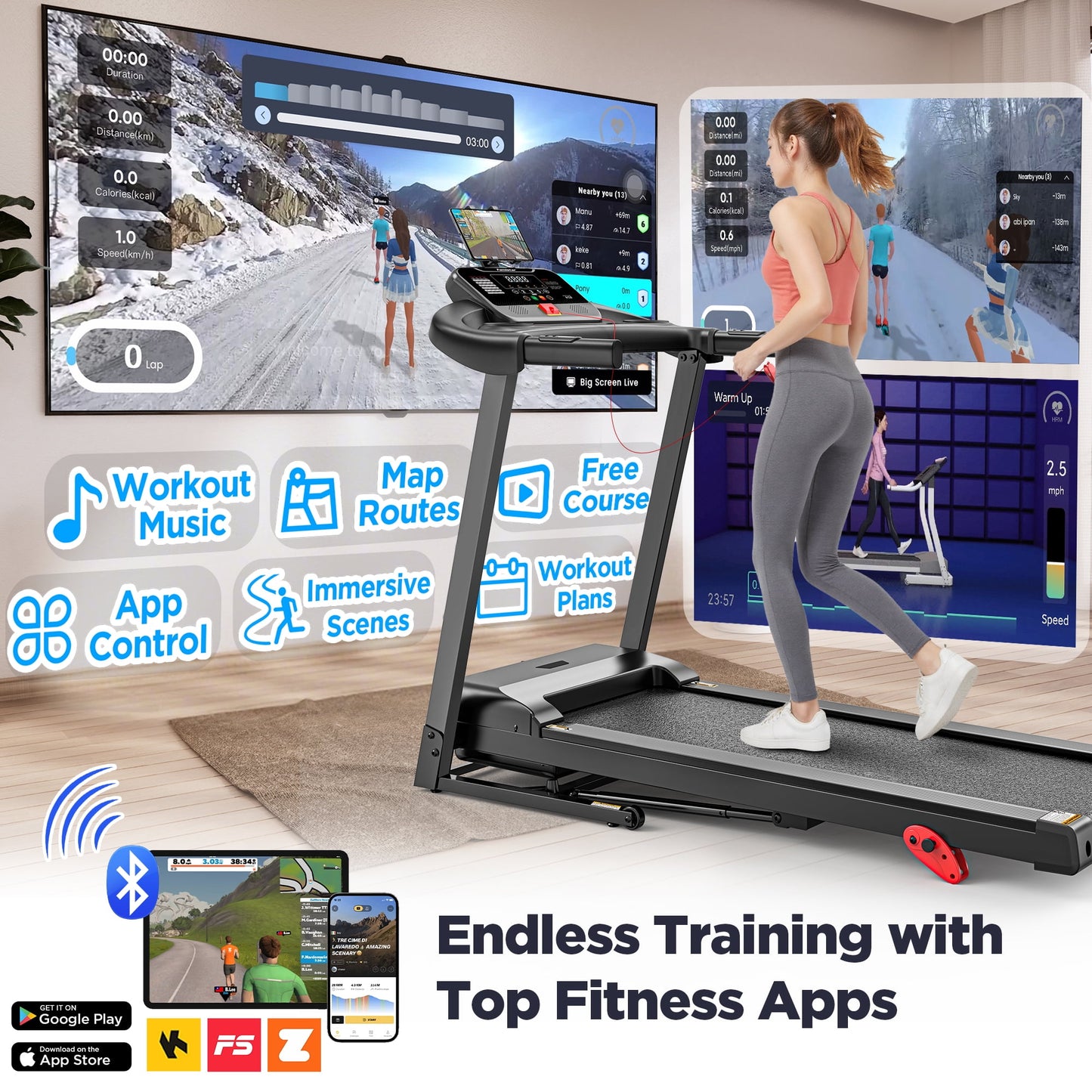 Unleash Your Fitness Potential with the Home Portable Folding Electric Treadmill - Adjustable Incline, 64 Programs, 7.5 MPH Speed, and Bluetooth Speakers for Ultimate Workout Experience!