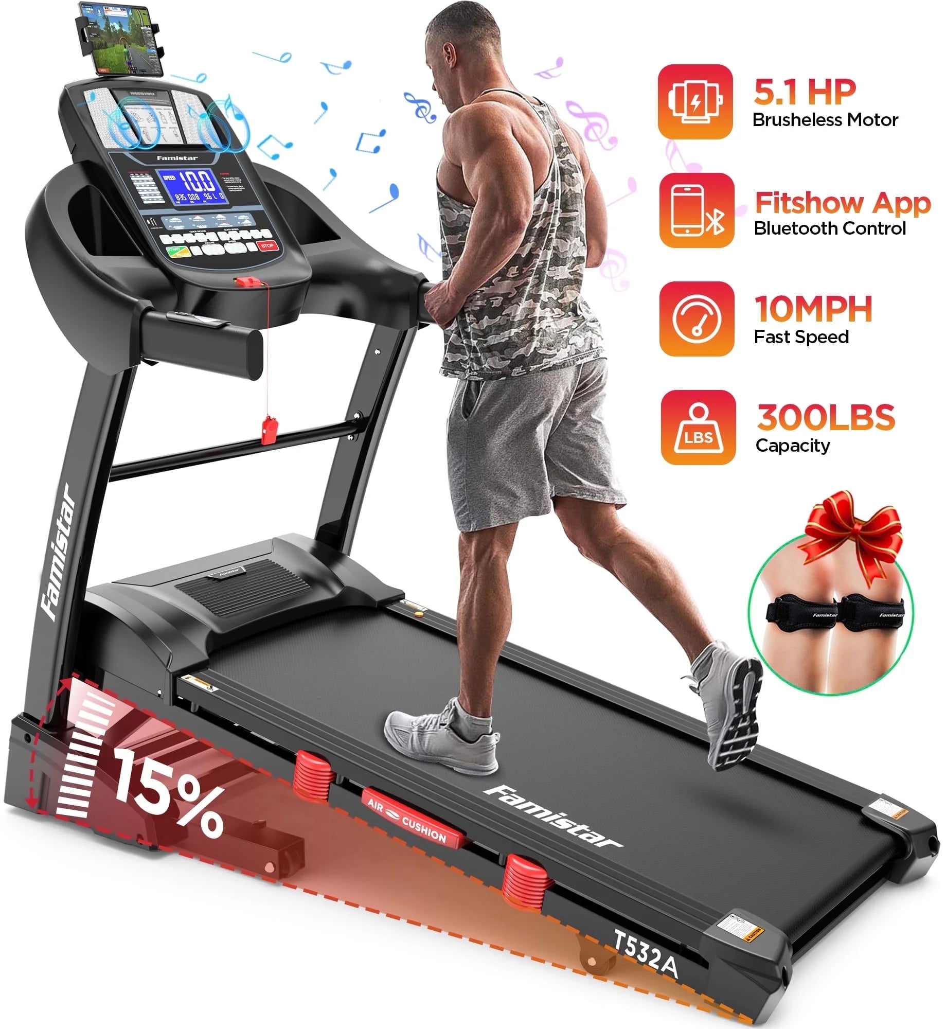Unleash Your Fitness Potential with the 5.1HP Portable Folding Treadmill - 15% Auto Incline, 300 LB Capacity, and FREE APP Control!