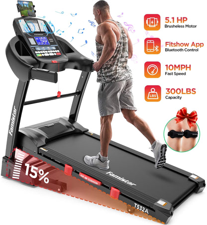 Unleash Your Fitness Potential with the 5.1HP Portable Folding Treadmill - 15% Auto Incline, 300 LB Capacity, and FREE APP Control!