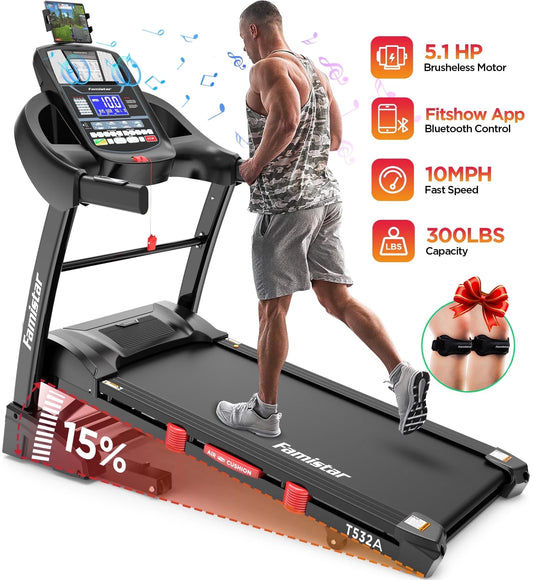 Unleash Your Fitness Potential with the 5.1HP Portable Folding Treadmill - 15% Auto Incline, 300 LB Capacity, and FREE APP Control!