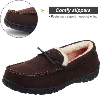 Men'S Moccasin Slippers Memory Foam Warm Plush House Slippers, Indoor Outdoor Comfortable Winter House Shoes